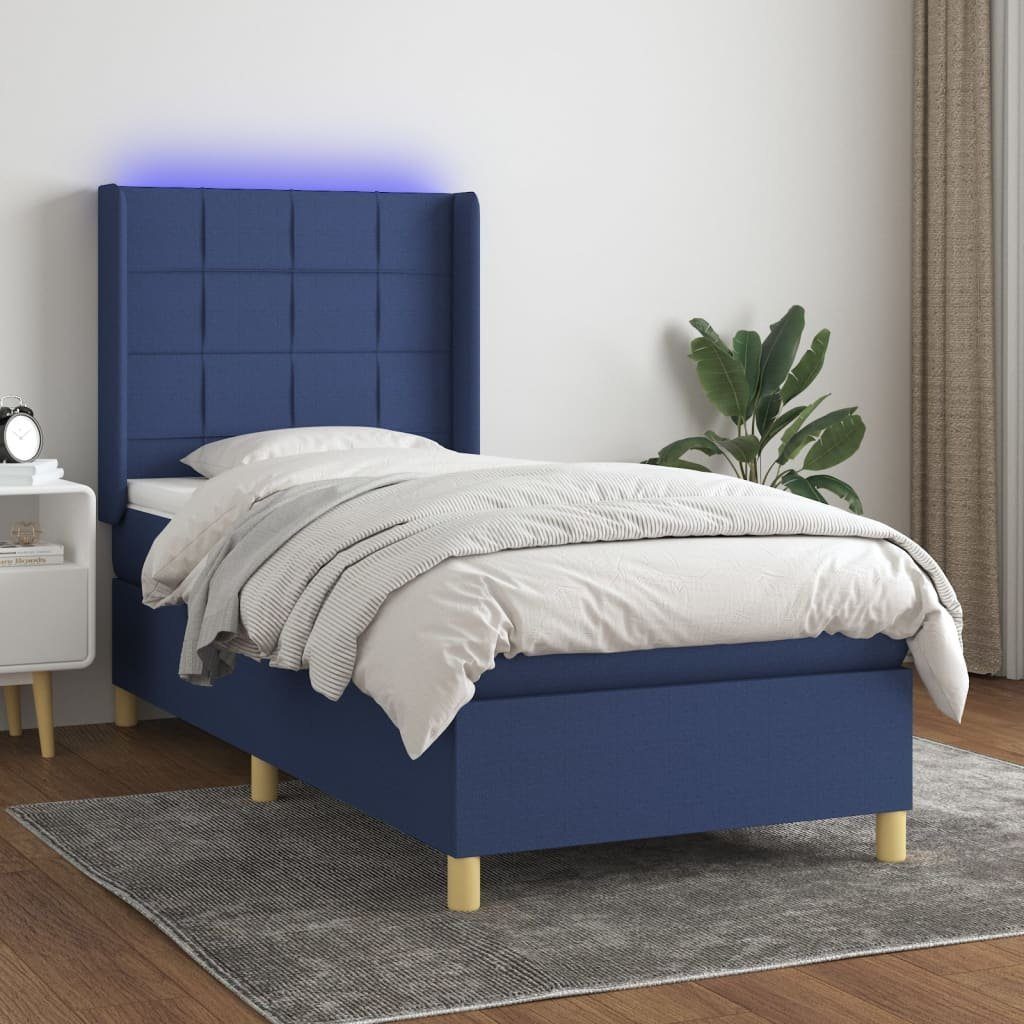 vidaXL Bett Boxspringbett mit Matratze & LED Blau 90x200 cm Stoff