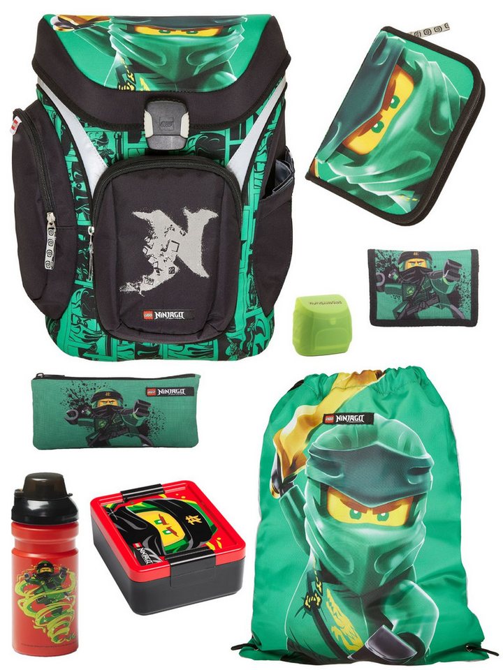 LEGO® Bags Schulranzen Explorer Lego Ninjago Schultasche ab der 1. Klasse (Set, 8-tlg., mit Federmappe, Brotdose und Trinkflasche), ergonomisch, mit Hüft- & Brustgurt, grüner Ninja Lloyd