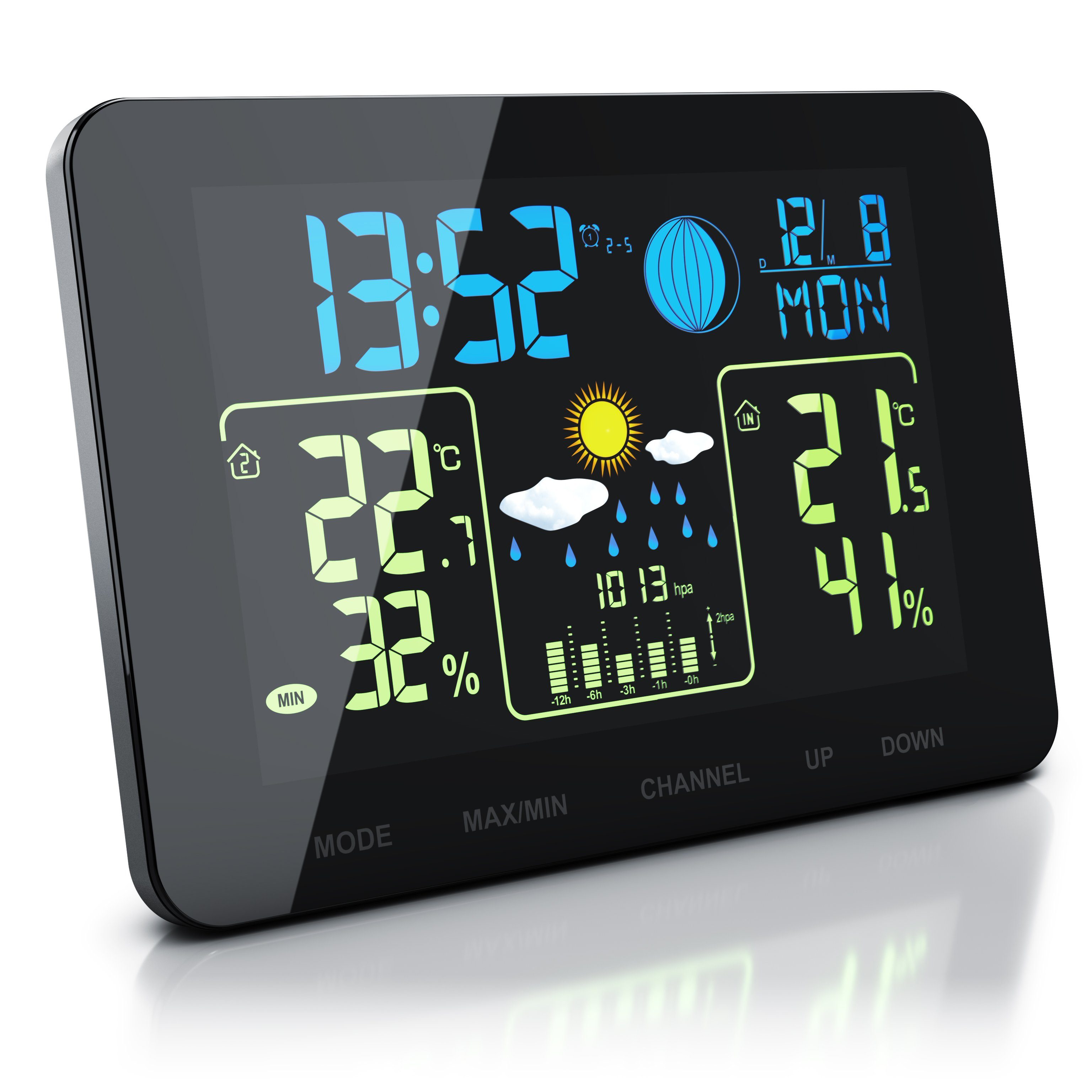 BEARWARE Wetterstation (mit Außensensor, uvm) Wettervorhersage Display Farb & Außensensor Barometer, Funk mit