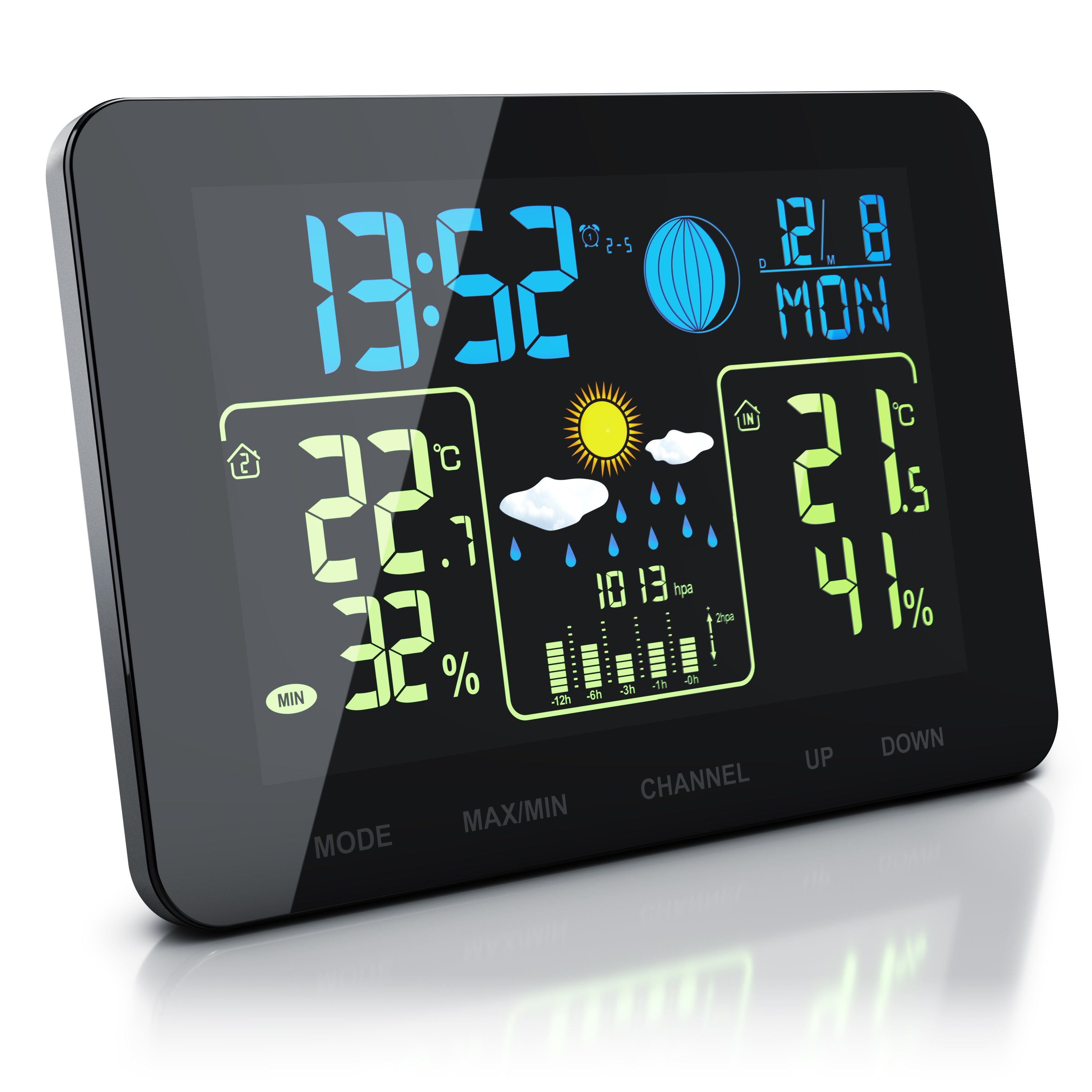 BEARWARE mit Farbdisplay und Außensensor, Funkwetterstation, Wettervorhersage Wetterstation (Außensensor, Netzteil, Bedienungsanleitung, Innen- und Außentemperatur, Barometer, Frostalarm, 2 Weckalarme)
