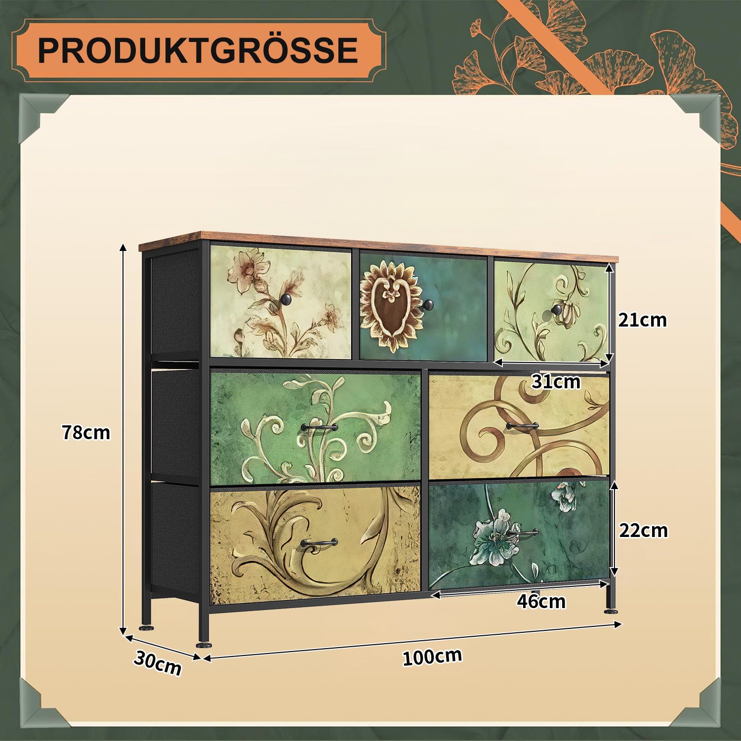 PXloue Kommode Sideboard Schubkastenkommode, 7 Schubladen, Retro-Stil, Blumenstoff, Breite 100cm