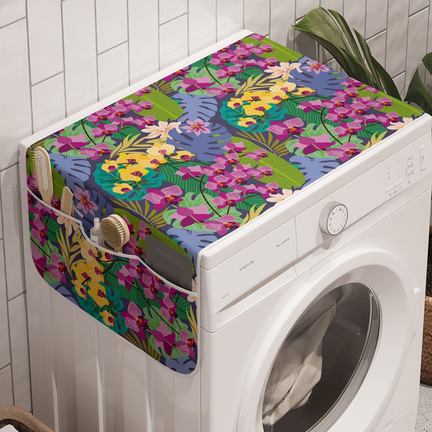 Abakuhaus Badorganizer Anti-Rutsch-Stoffabdeckung für Waschmaschine und Trockner, Blumen Botanische Orchideen Blüten Blätter