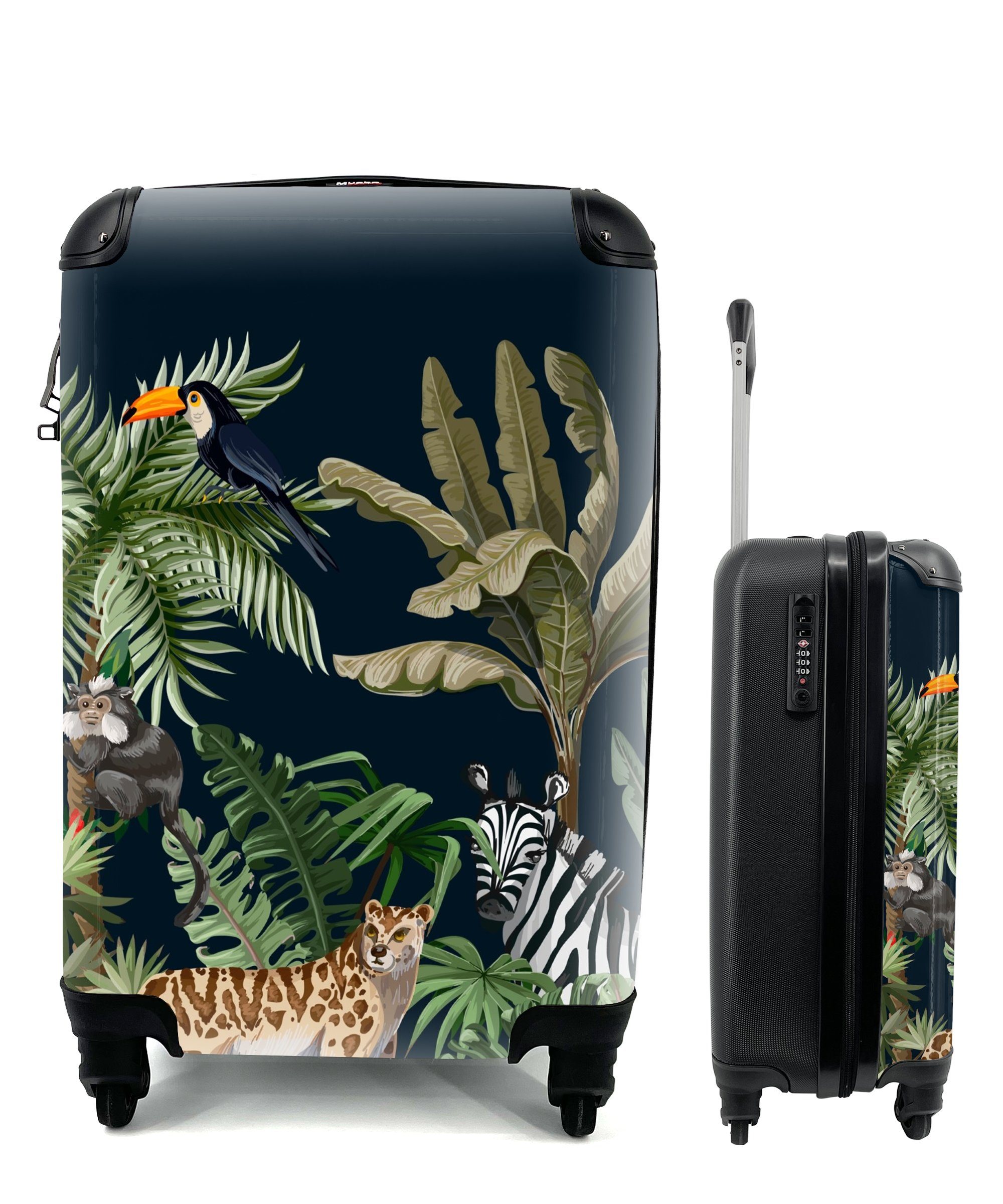 MuchoWow Handgepäckkoffer - rollen, Handgepäck - mit Reisekoffer Reisetasche - Ferien, Kinder - 4 Zebra, für Trolley, Tiere Rollen, Flamingo Dschungel - Pflanzen