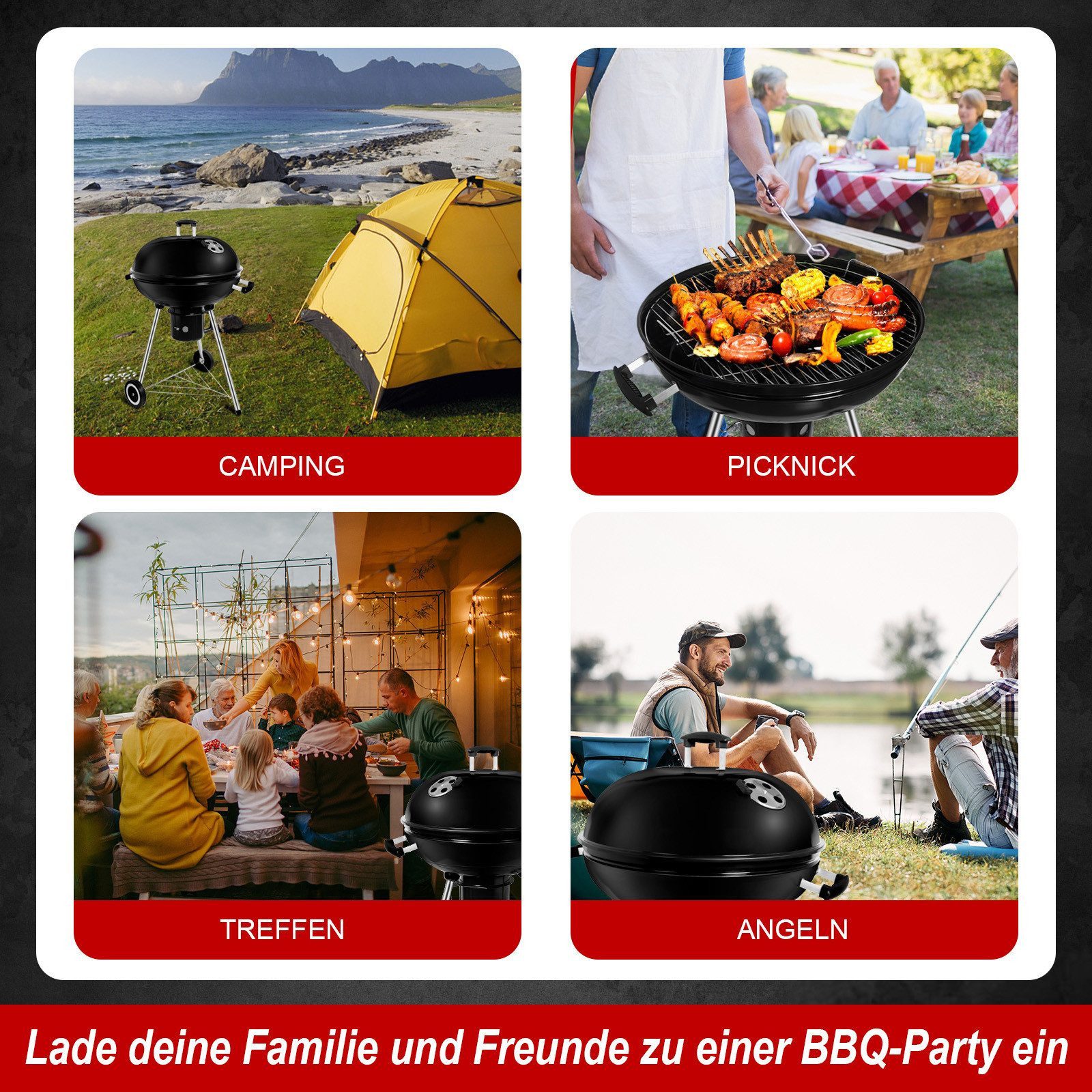 SunJas Holzkohlegrill CA-208 Emaille Kugelgrill mit Deckel Rollen und Auffangschale, Ø 57cm Geeignet für 6–9 Personen, BBQ Grill Standgrill Grillwagen Rundgrill – Bild 5 von 5