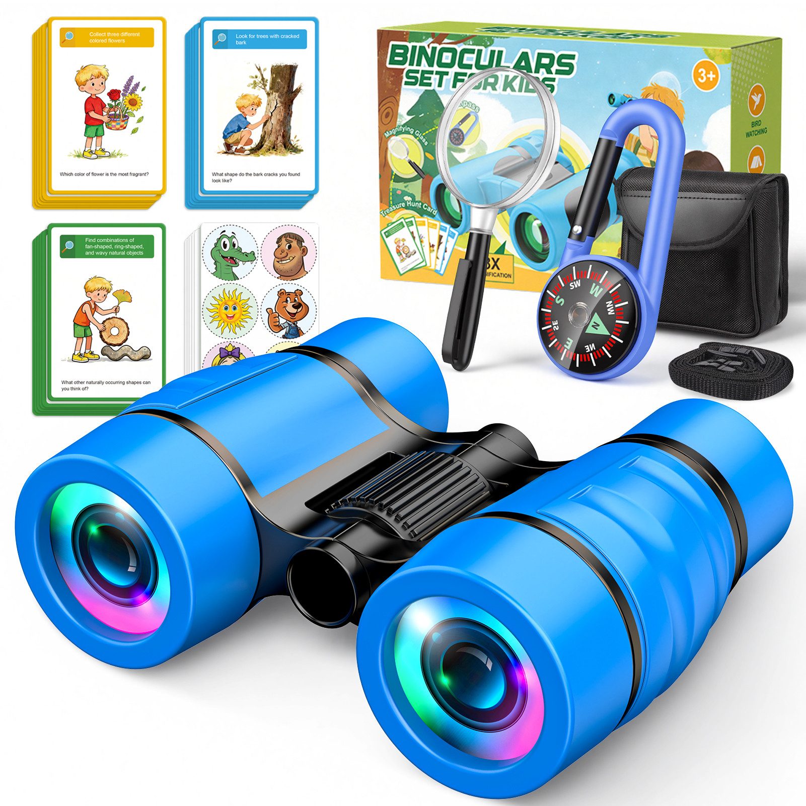 Wootoy Kinderfernglas 8x21 Entdeckerset Outdoor-Spielzeug Fernglas (inklusive Lupe Kompass Schlüsselband Tragetasche 25 Entdeckerkarten)