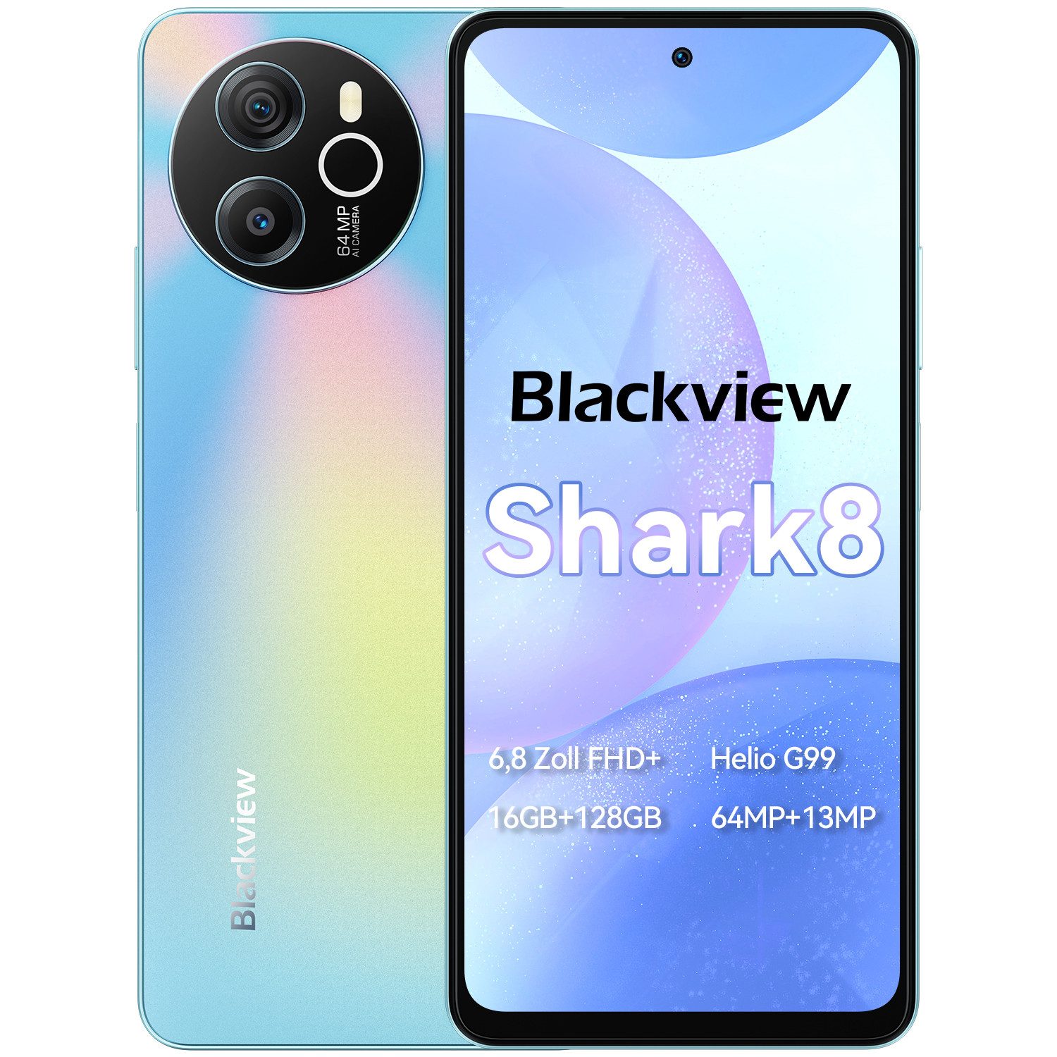 blackview Shark8 64MP,5000mAh,33W,AI Smartphone (6.8 Zoll, 64 MP Kamera, 2.4K Display, 64+13 MP, Helio G99, Dual 4G, NFC/Face ID, 120Hz, 6.78)