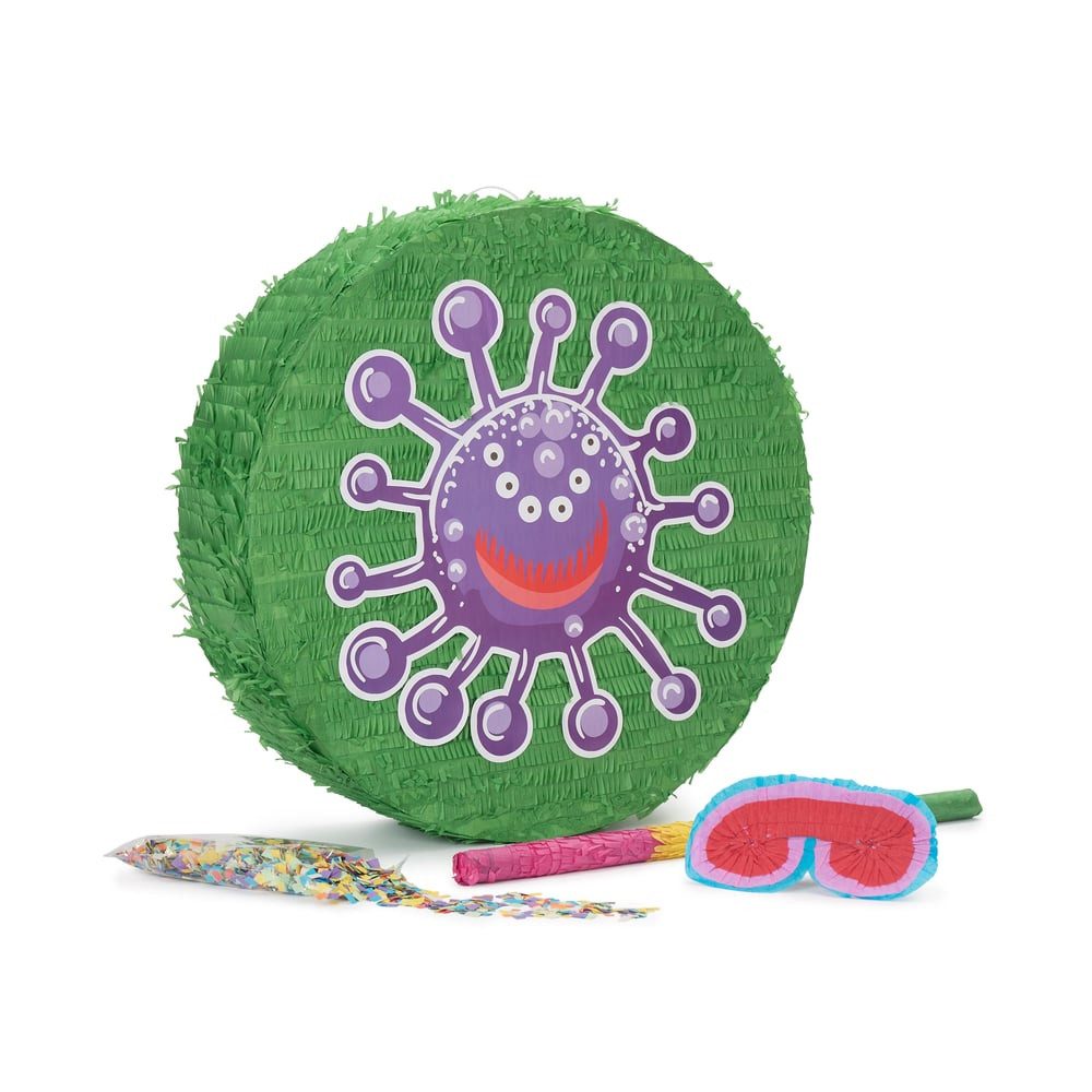 Lumaland Pinata "Beat The Virus", Set inkl. Schläger & Augenbinde Individuell befüllbar 50x50x15 cm