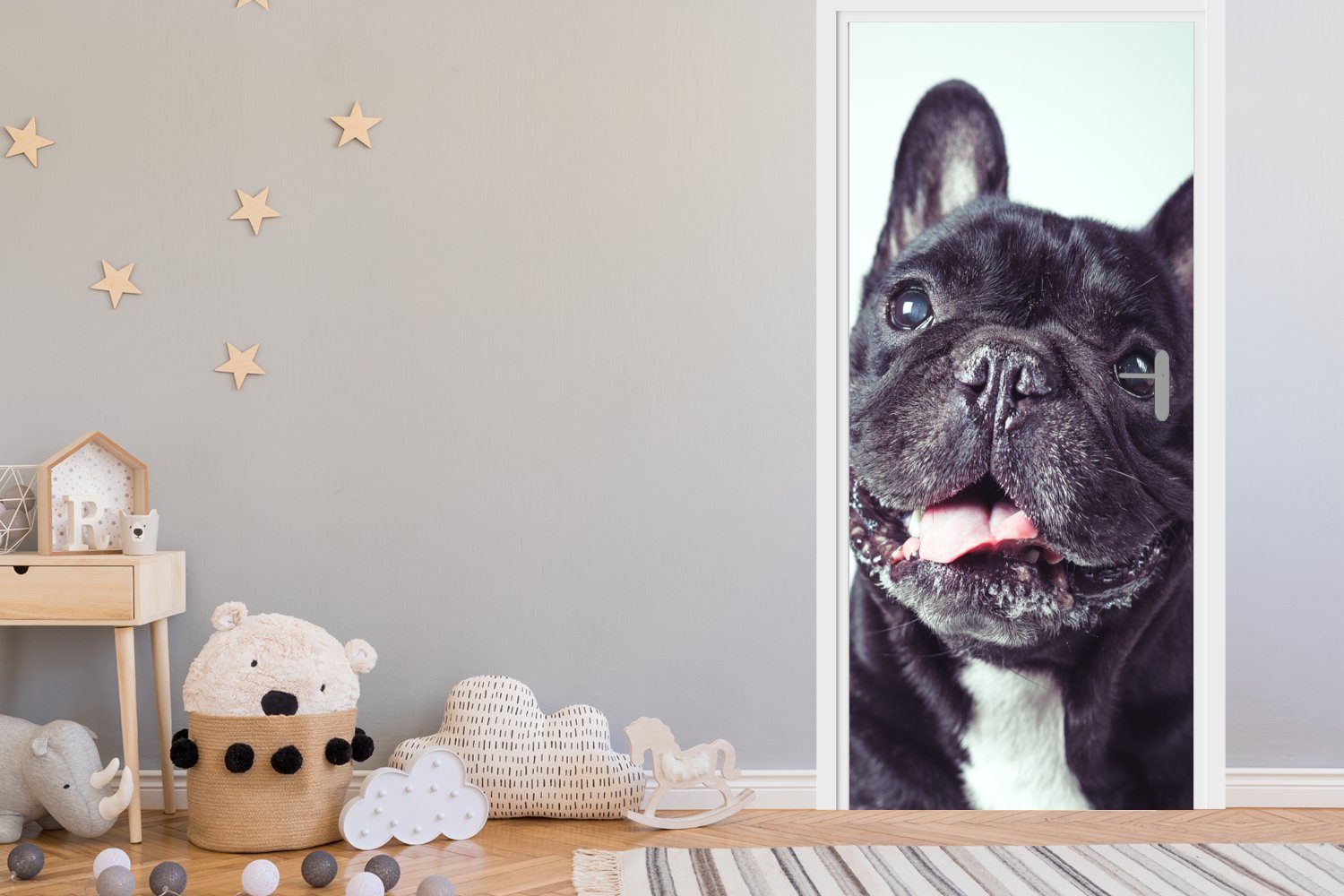 Tür, Matt, Türtapete cm - MuchoWow Fototapete Türaufkleber, Bulldogge (1 Schwarz 75x205 für St), Französische Stuhl, bedruckt, -