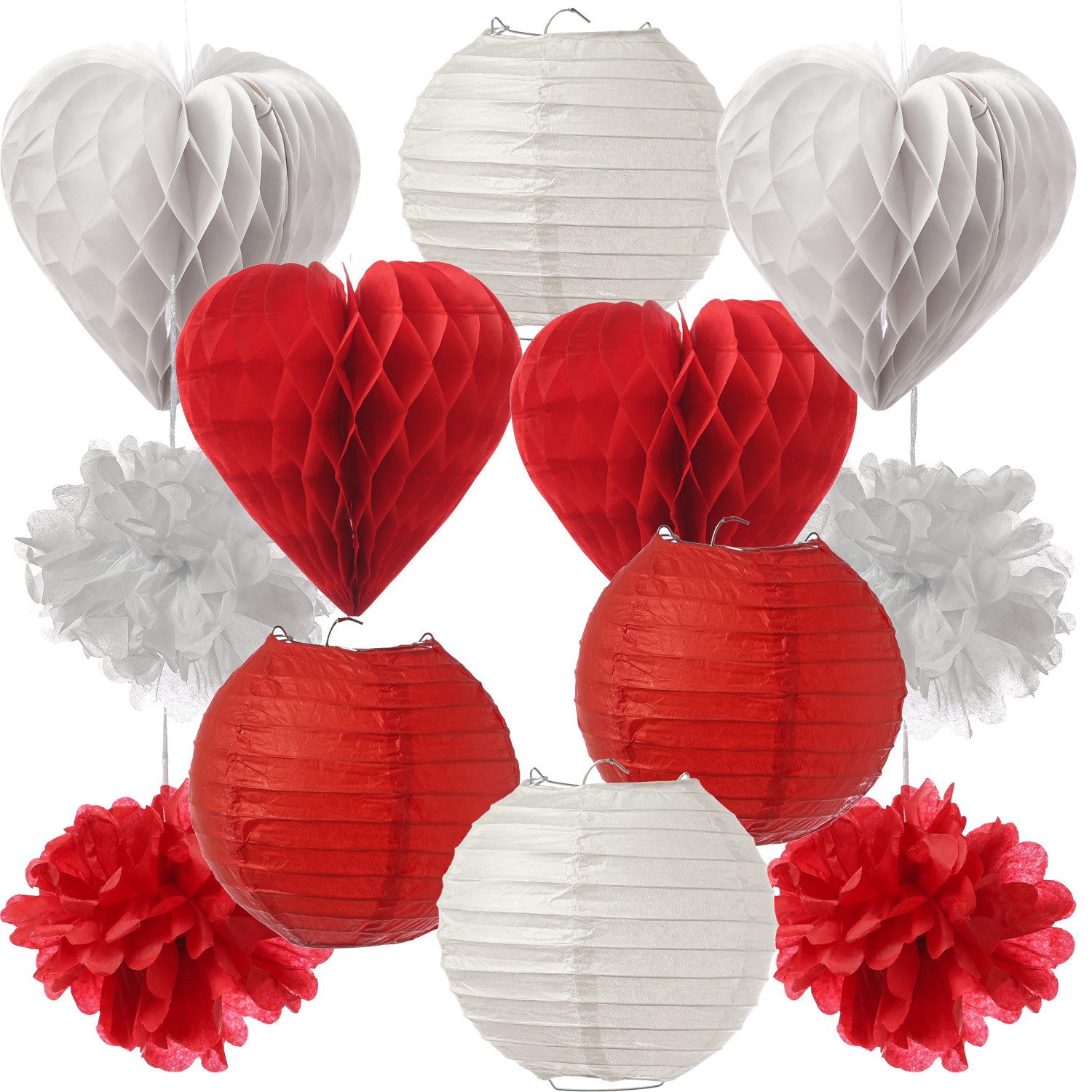 MARELIDA Papierdekoration Partyset Papierdekoration 12-teilig Papierblume Lampions Waben Herzen