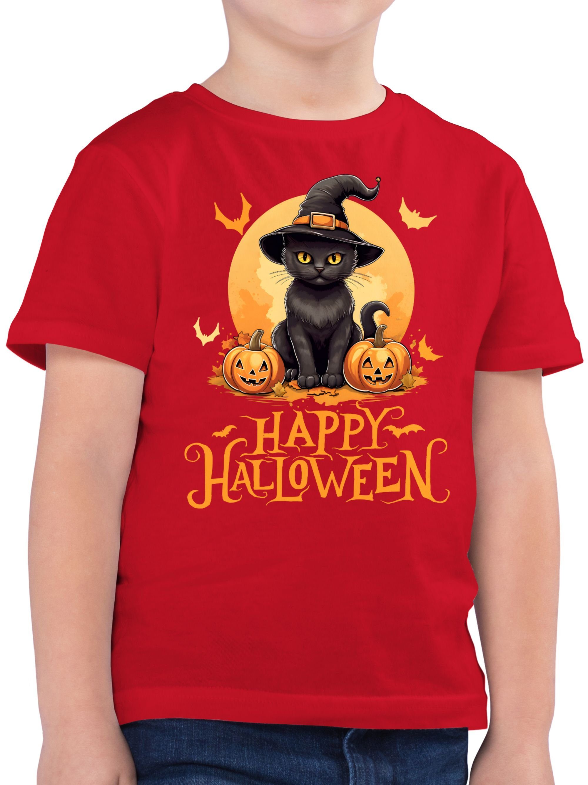 Shirtracer T-Shirt Happy Halloween Katze Hexenhut Lustig Katzenliebhaber Cat Halloween Kostüme für Kinder Jungs 03 Rot | T-Shirts