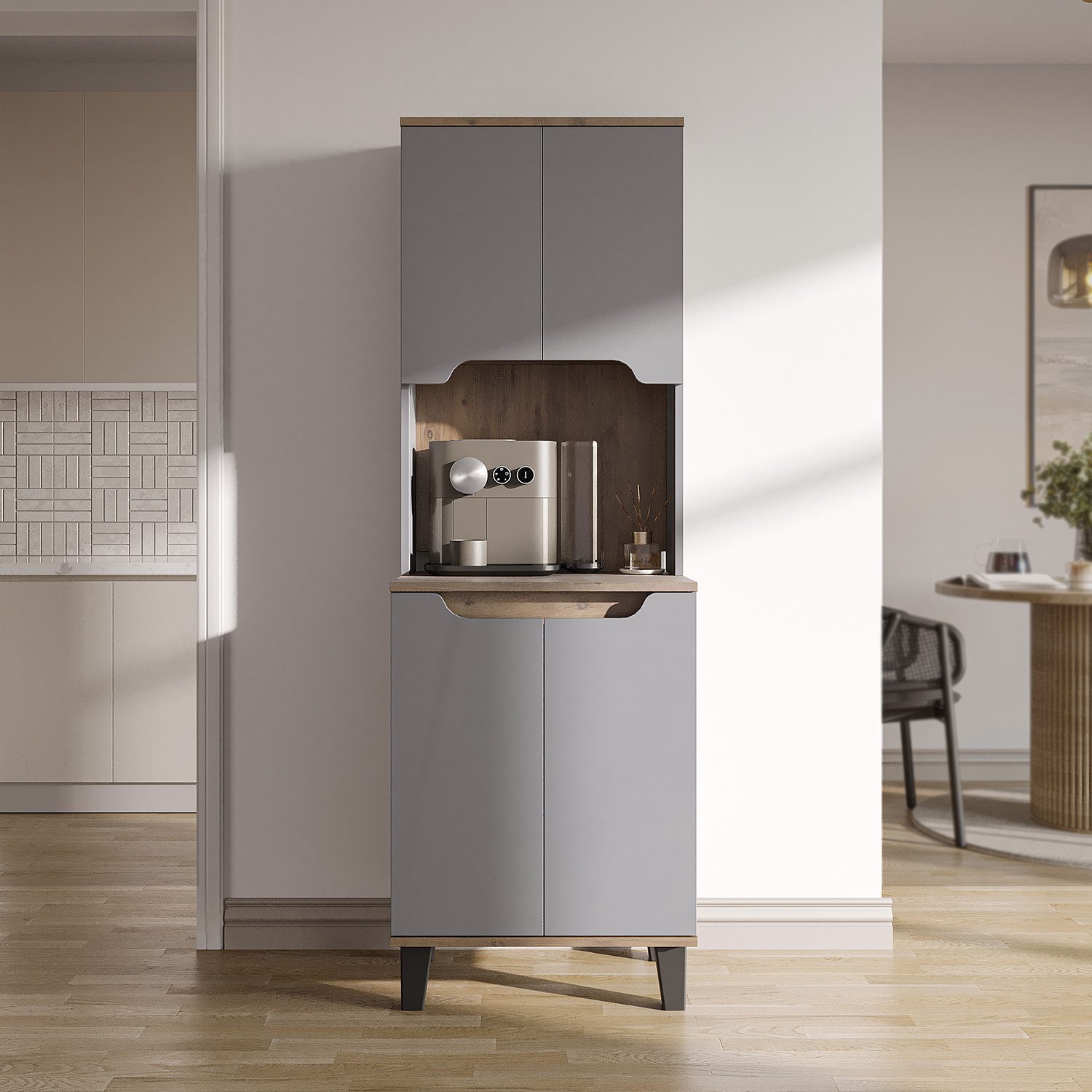 Roomart Küchenbuffet DEFNE mit Nische Kaffeebar Mikrowellenschrank Vorratsschrank, 5 Farben Offene Nische für Kaffeemaschine, 4 Türfächer