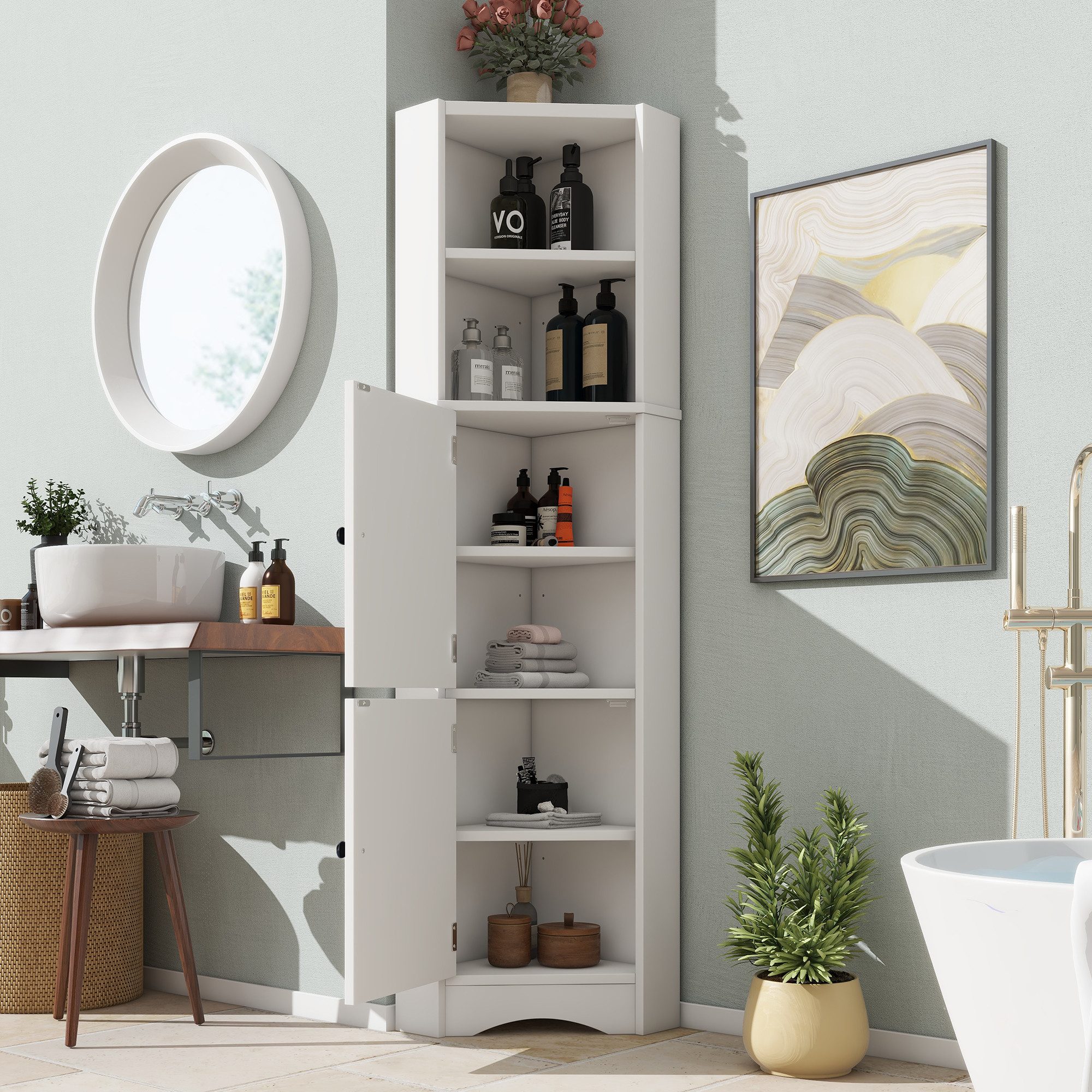 Flieks Badkommode Eckschrank mit verstellbare Einlegeböden und 6 Fächern Hochschrank (Schrank für Badezimmer, Wohnzimmer, Schlafzimmer, 1 St., Höhe 155,4 cm, Volllackierung), dreieckiger Mehrzweckschrank Holzschrank Badezimmerschrank weiß