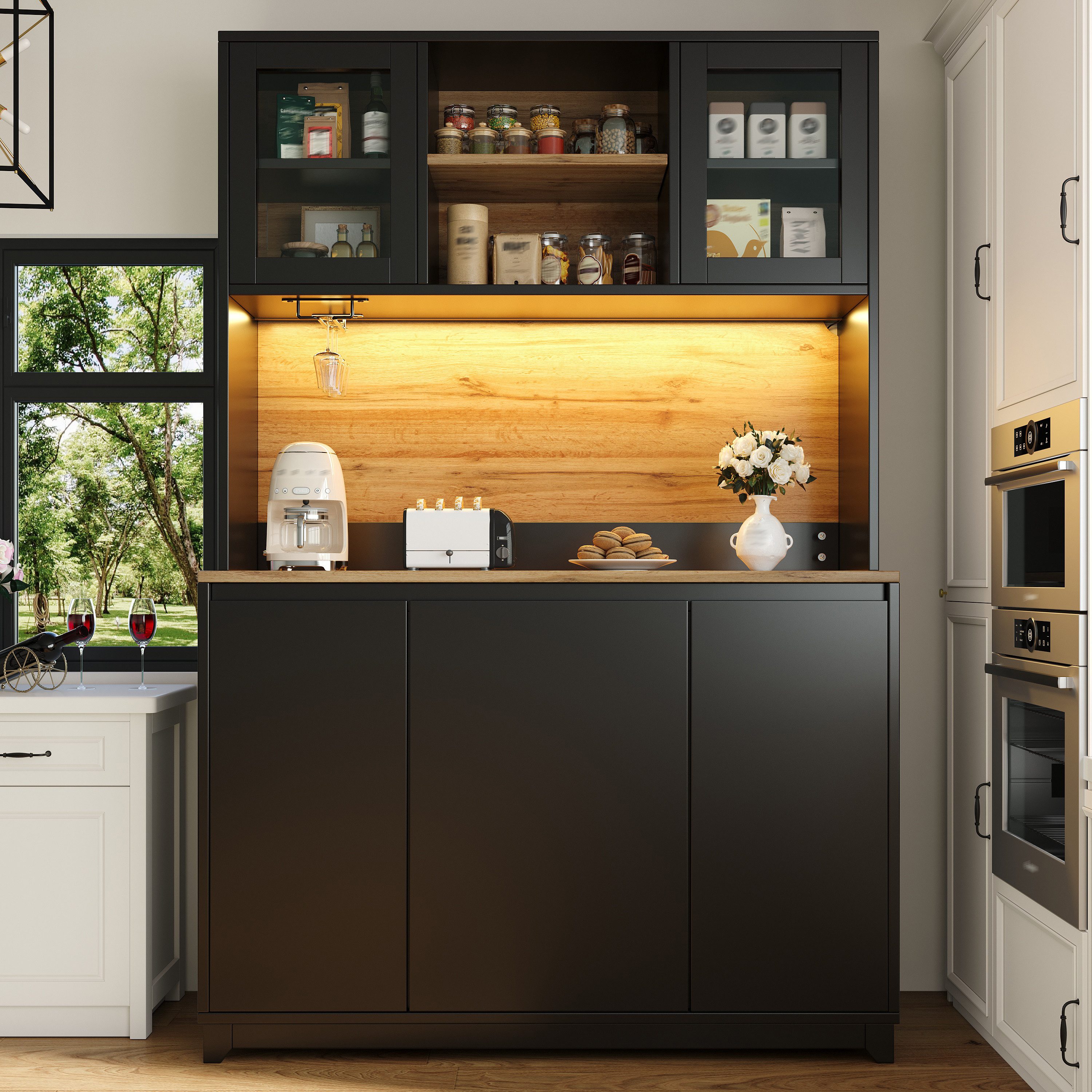 Celya Hochschrank Küchenschränke, hohe Küchenbeistelltische, Sideboards (120 × 40 × 180 cm mit Acryltüren und LED-Beleuchtung) ideal für Küche, Esszimmer, Wohnzimmer oder Arbeitszimmer