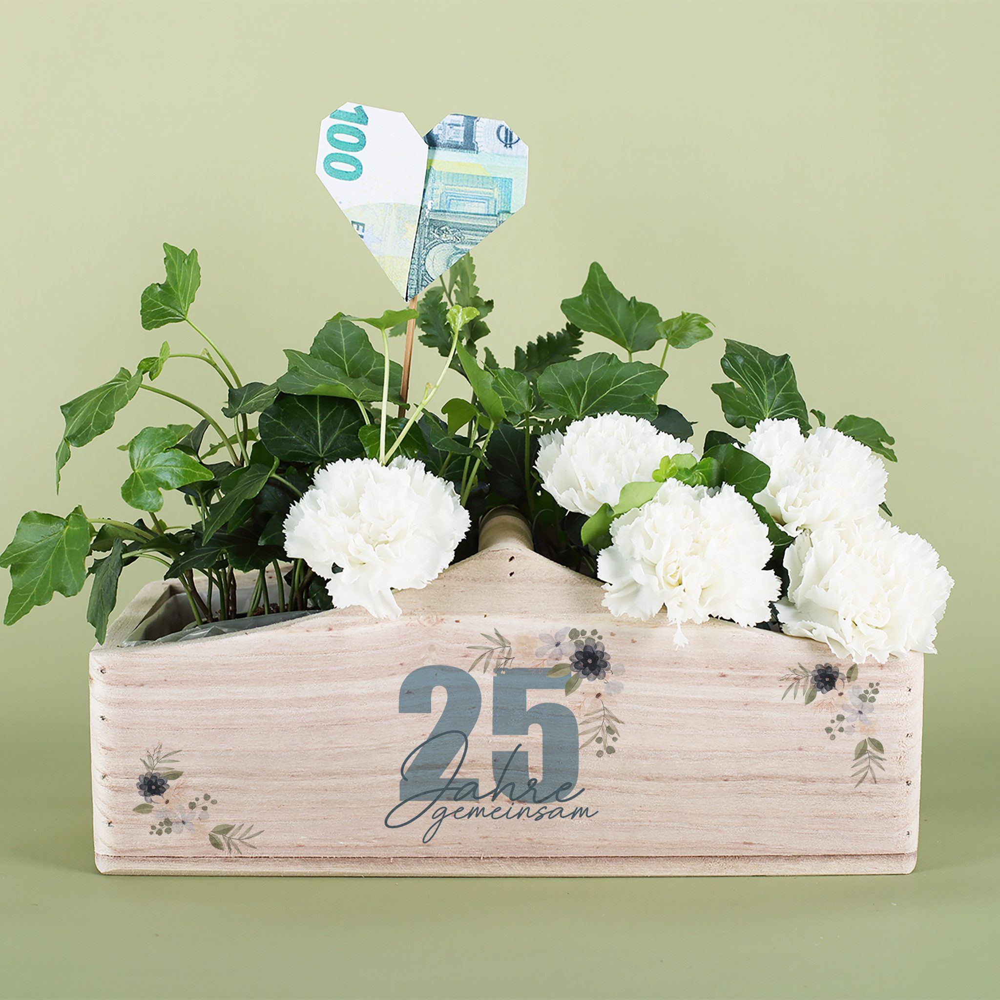 Herz & Heim Geschenkbox Präsentkorb für Geschenke zu Silberhochzeit & Goldene Hochzeit, aus Holz, mit Gravur, mit Griff, zum selbst befüllen