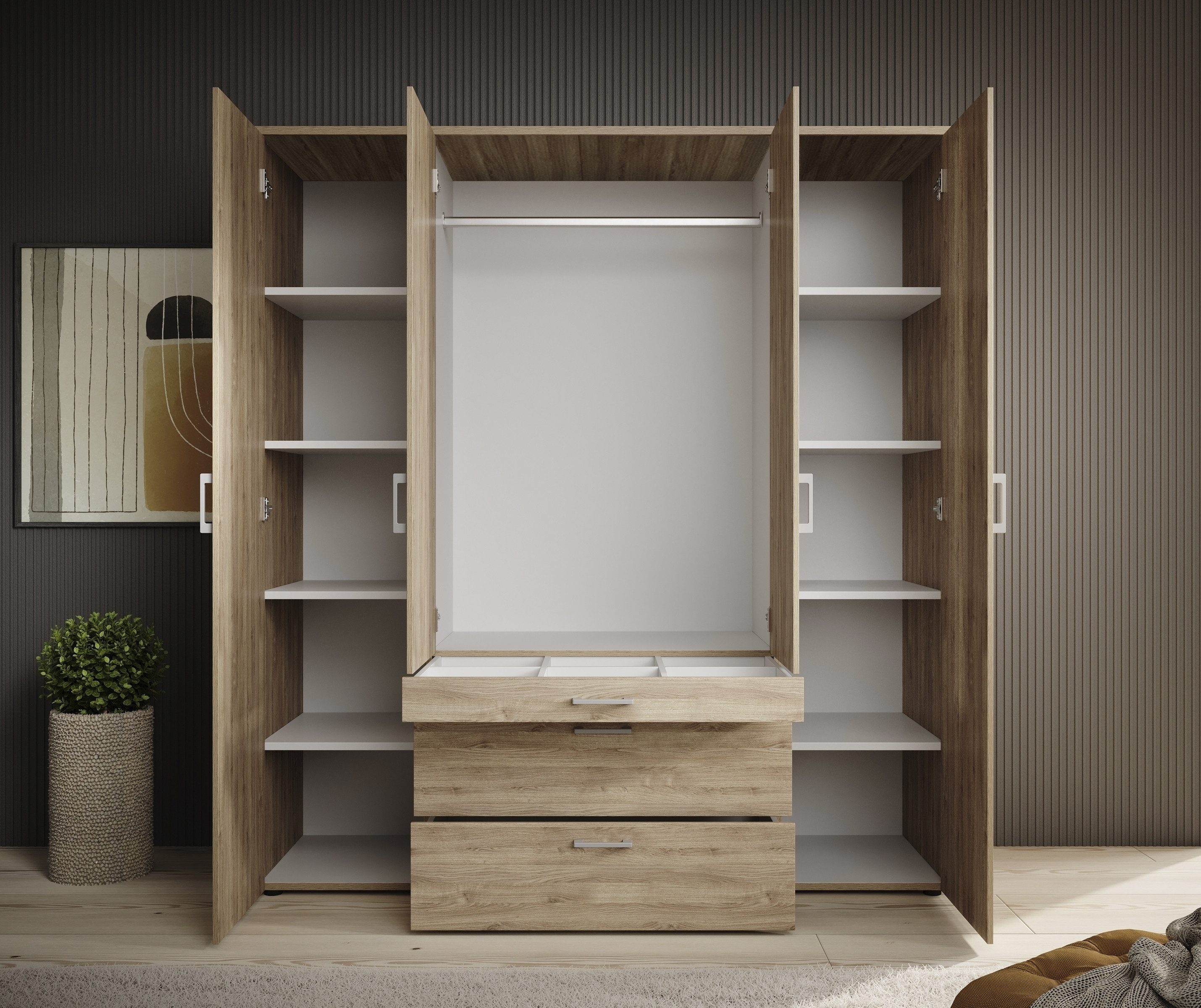 PREISBRECHER Drehtürenschrank Vesala 4 Türen, 3 Schübe, Mauvella Oak / Spiegel - 180x195x56 (BxHxT)