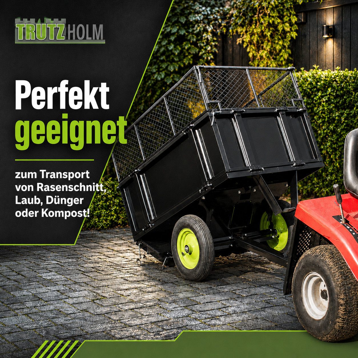 TRUTZHOLM Rasentraktoranhänger Rasentraktor Anhänger Kippanhänger 300 kg kippbar mit Kupplung – Bild 4 von 5