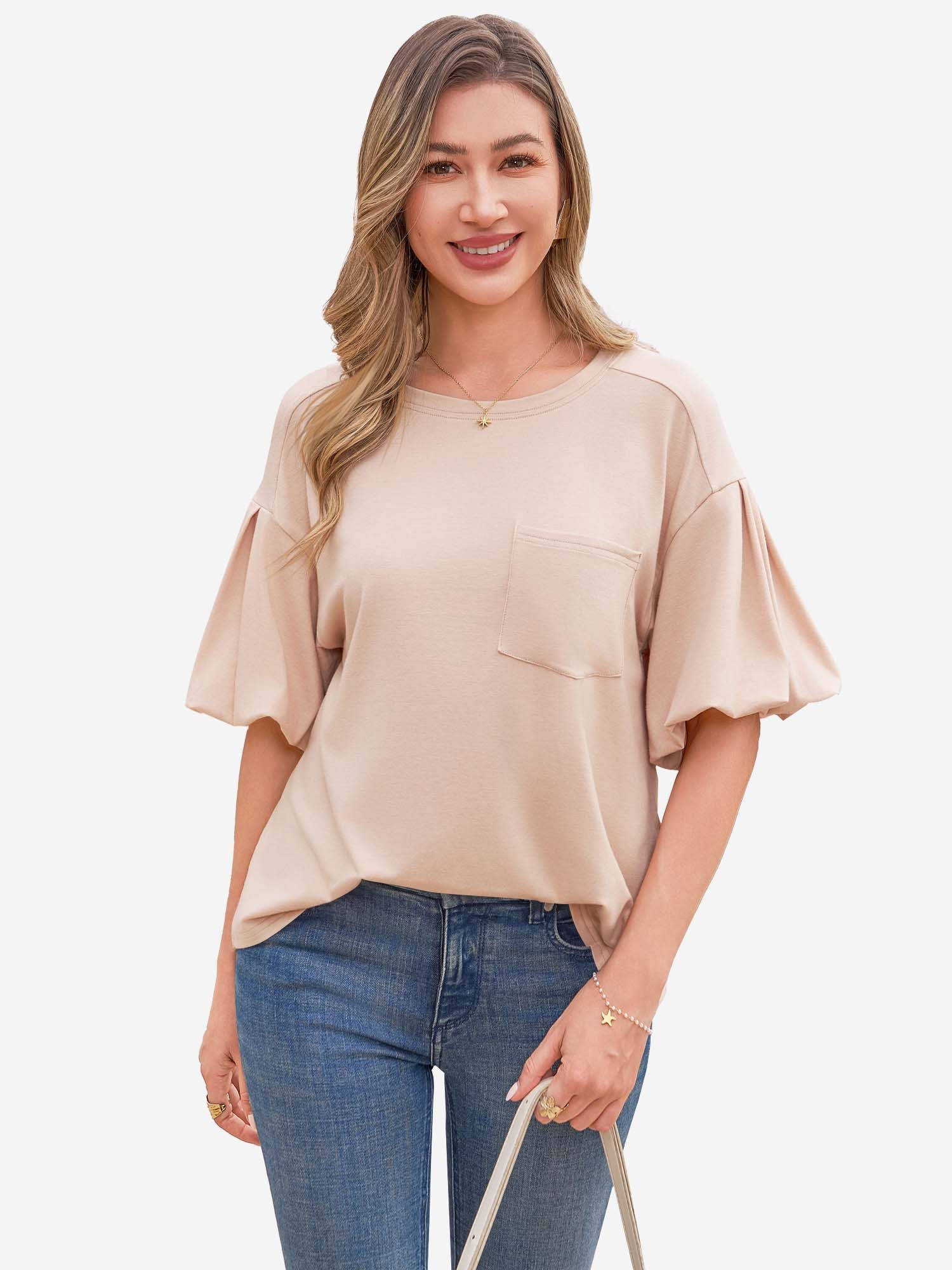 Imily Bela T-Shirt Damen Kurzarmtop mit Puffärmeln (Packung, 1-tlg., 1per-Pack) einfarbig