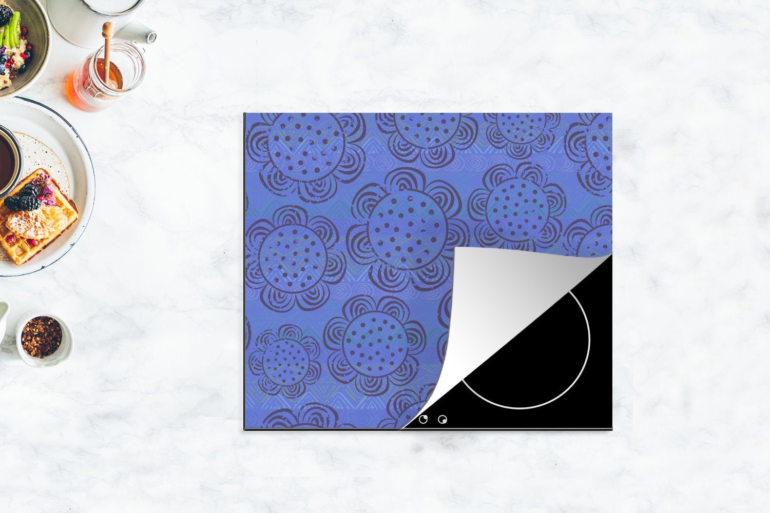 cm, Mobile Blumen Vinyl, MuchoWow Arbeitsfläche - nutzbar, 60x52 (1 Blau, - tlg), Muster Ceranfeldabdeckung Herdblende-/Abdeckplatte