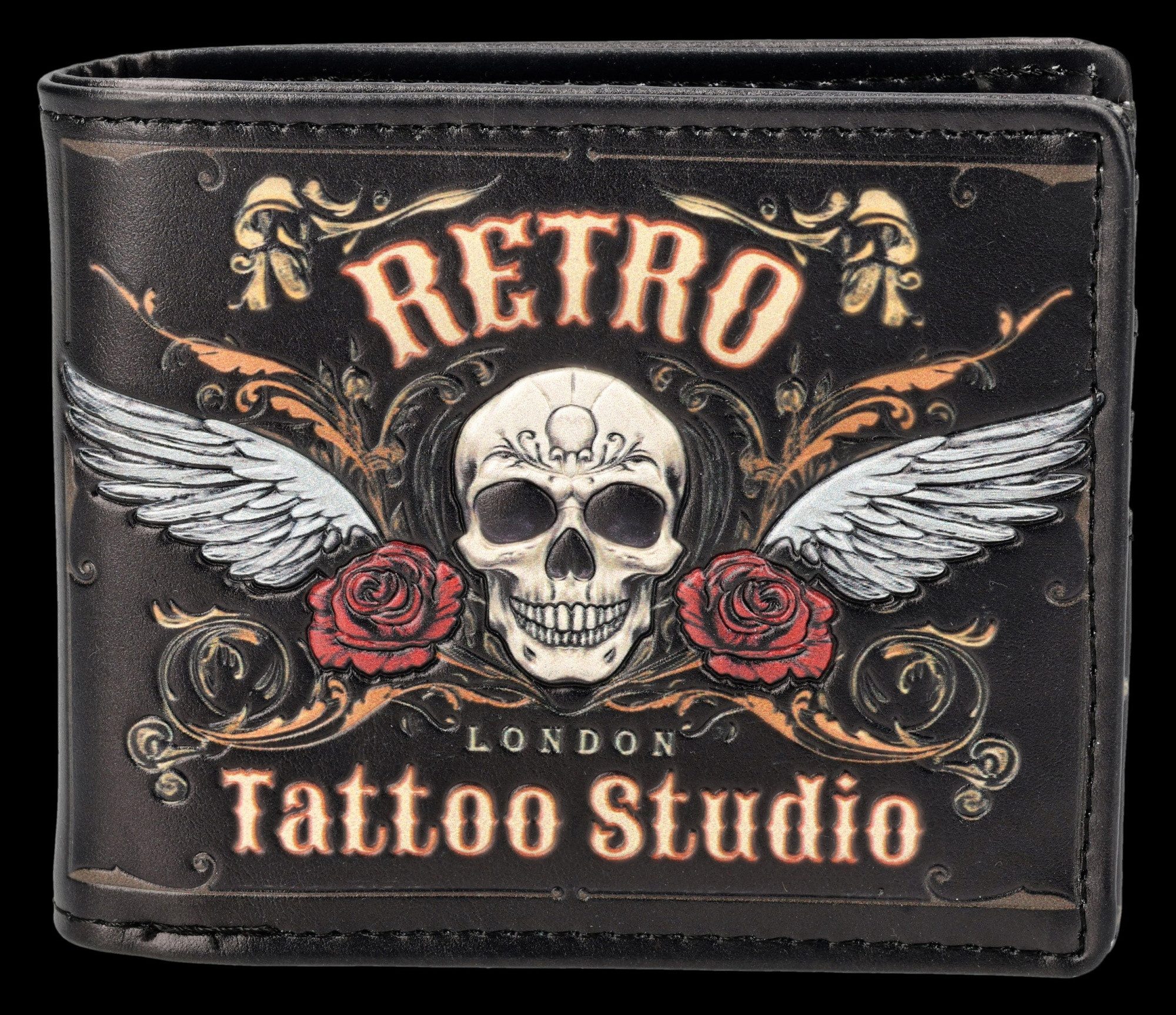 Figuren Shop GmbH Geldbörse Tattoo Geldbeutel – Retro Totenkopf Portemonnaie Gothic Design 9,5 cm