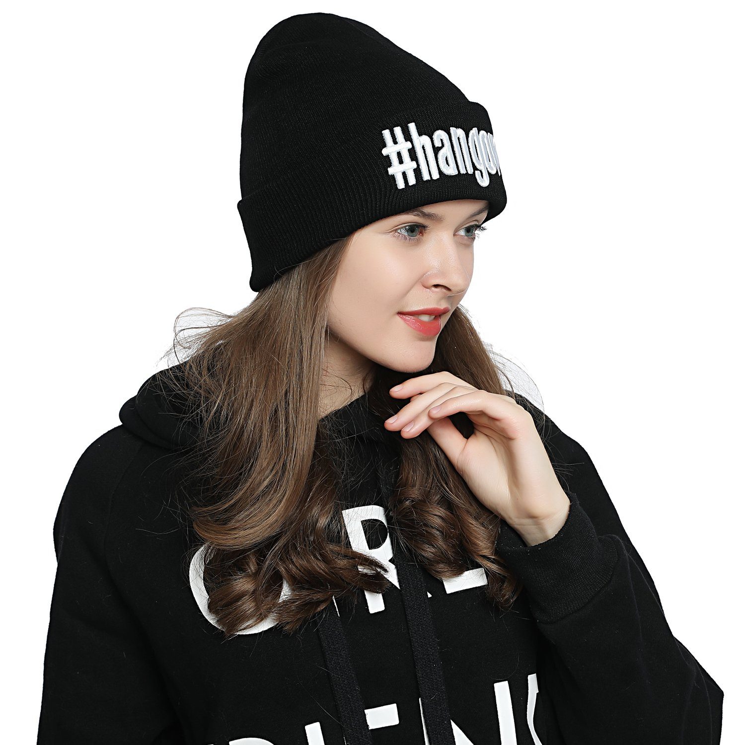DonDon Beanie Stylische Damen Winter Strickmütze Beanie mit mit schwarz Wintermütze, (Packung, "#hangover" Statement-Print, 1-St) - coolem Krempe