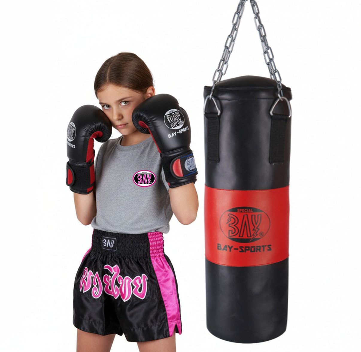 BAY-Sports Boxsack Boxset für Kinder gefüllt Box-Set Sandsack Boxhandschuhe Kids Junior (3 Teile), Hochwertige Ausführung - Für höhere Ansprüche