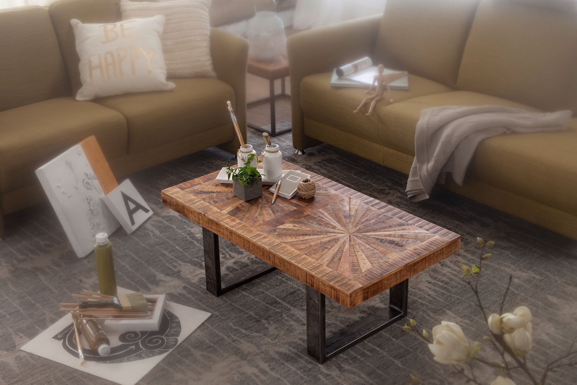 FINEBUY Couchtisch FB54897 Massivholz 105cm rechteckig Wohnzimmertisch Industrial (Mango Massivholz 105x40x55 cm Tisch Metallgestell), Wohnzimmertisch Rechteckig, Kaffeetisch Modern