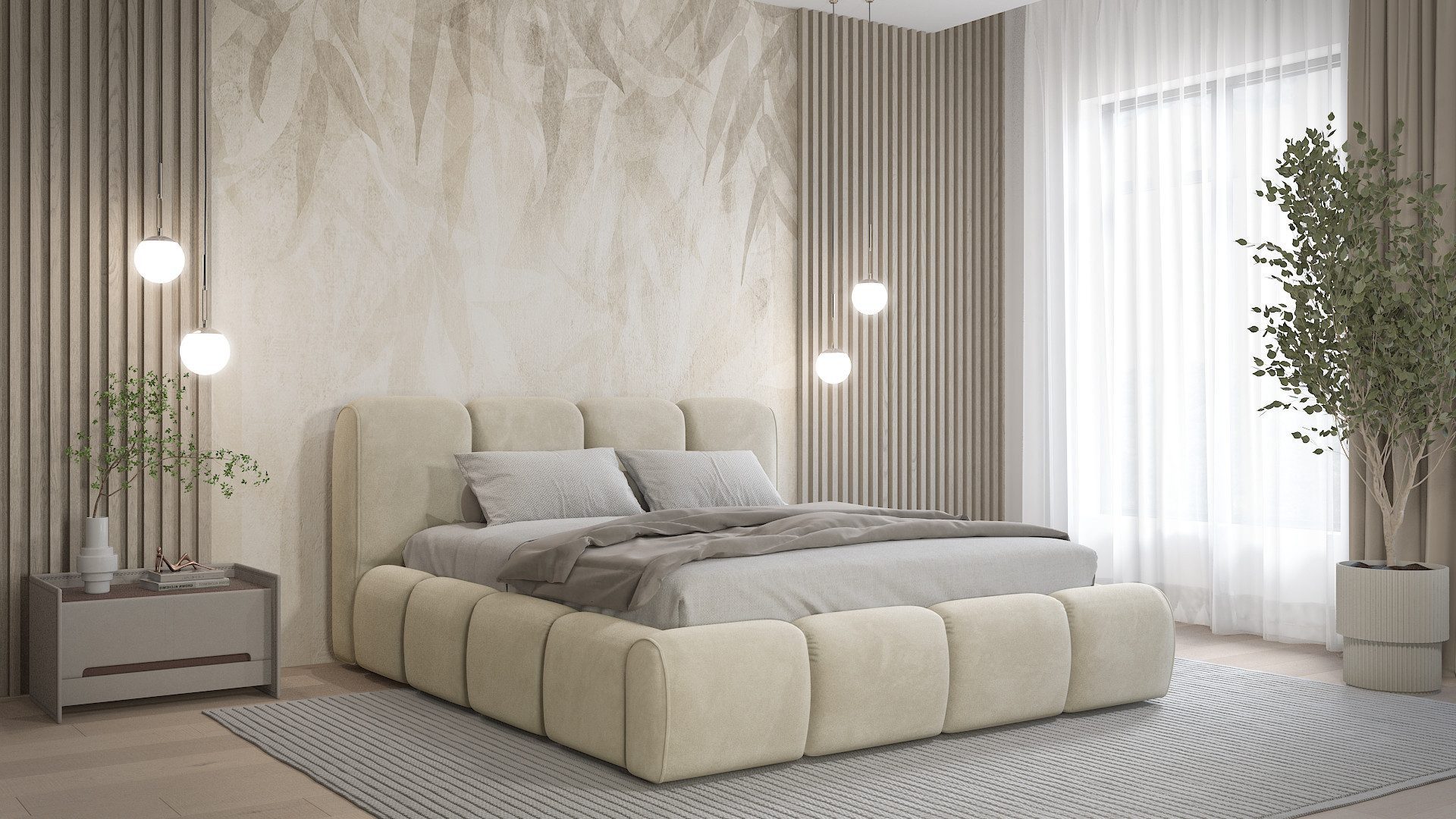 Goldstoff Stauraumbett BELTANE - Rahmenbettgestell, mit Bettkasten und Lattenrost, Doppelbett (Polsterbett, Design Bett), Inkl. Bettkasten, mit gepolstertem Kopfteil