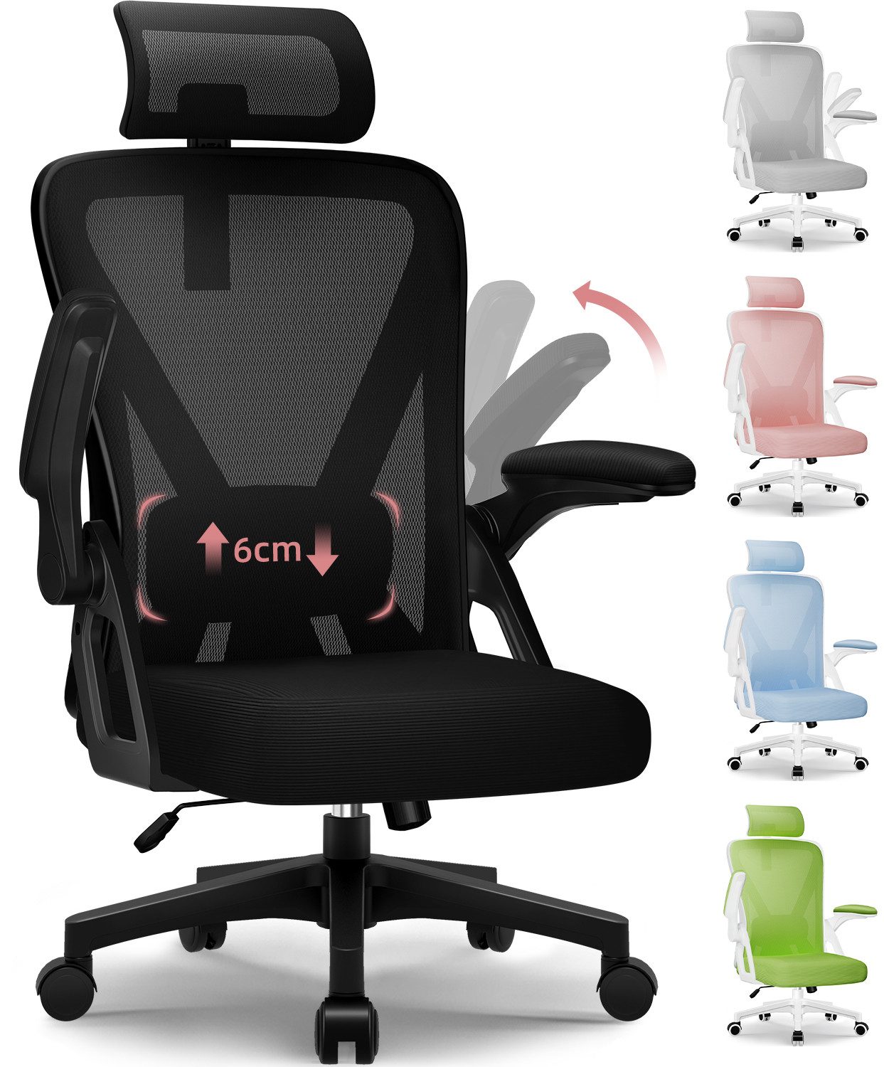 Homimaster Bürostuhl Ergonomischer Bürostuhl, Schreibtischstuhl mit Klappbaren Armlehnen (Bürostuhl mit Verstellbarer Kopfstütze,Armlehnen und Lendenwirbelstütze), Bürostuhl mit Wippfunktion bis 135°, Ergonomisch & Belastbar bis 150kg