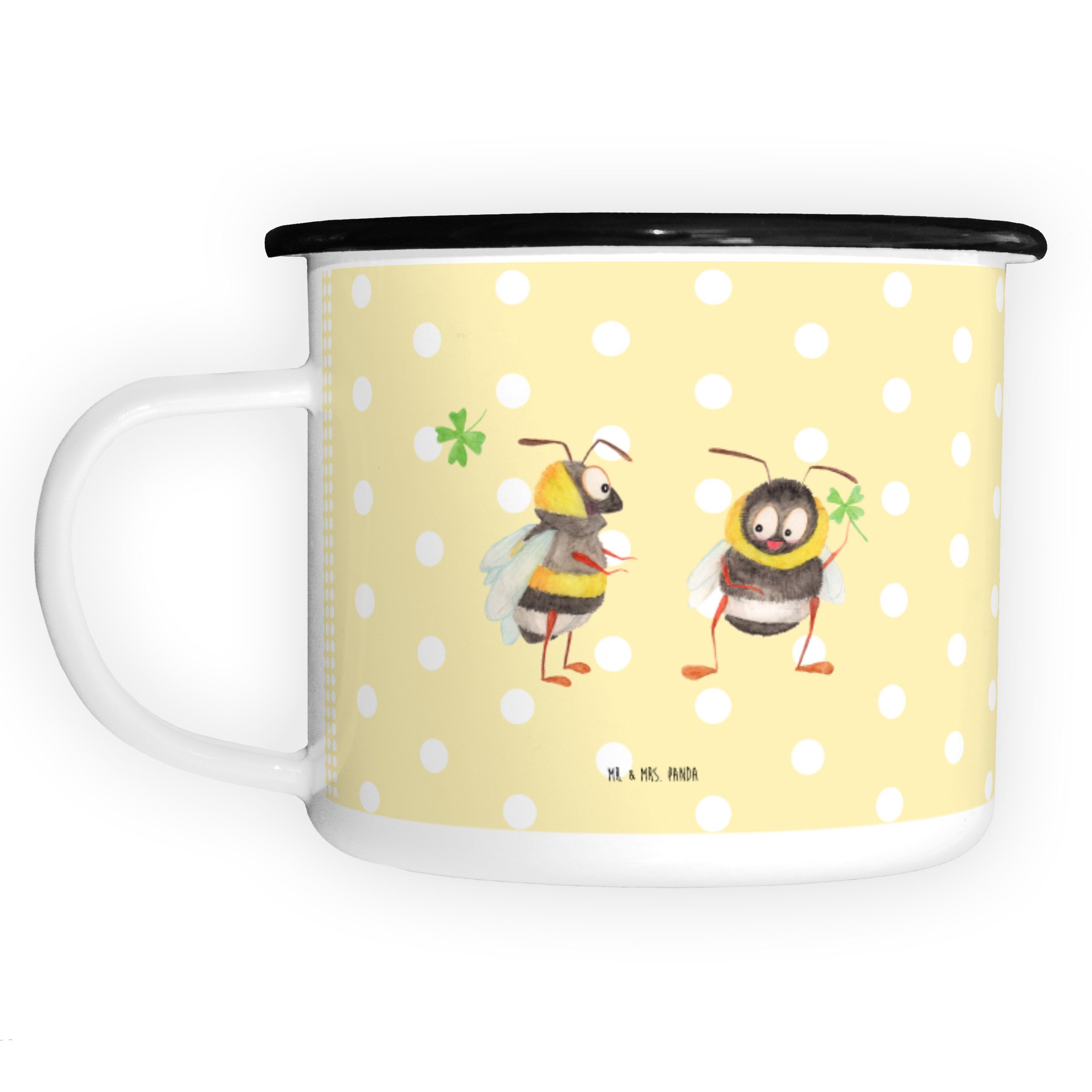 Mr. & Mrs. Panda Dekobecher Hummeln mit Kleeblatt - Gelb Pastell - Geschenk, Outdoor Tasse, Email (1 St)