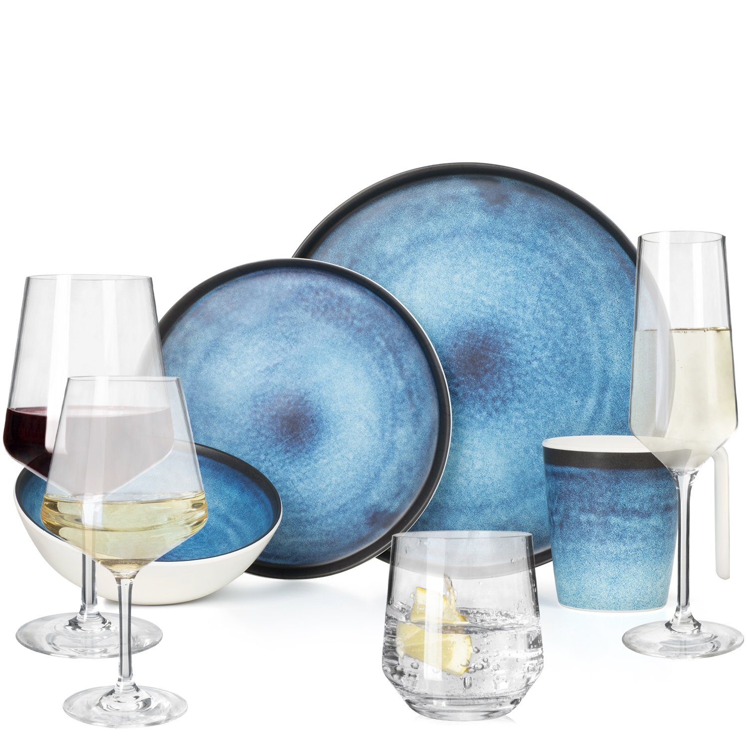 Moritz Geschirr-Set Camping Geschirr Deep Ocean + 16 Milano Gläsern