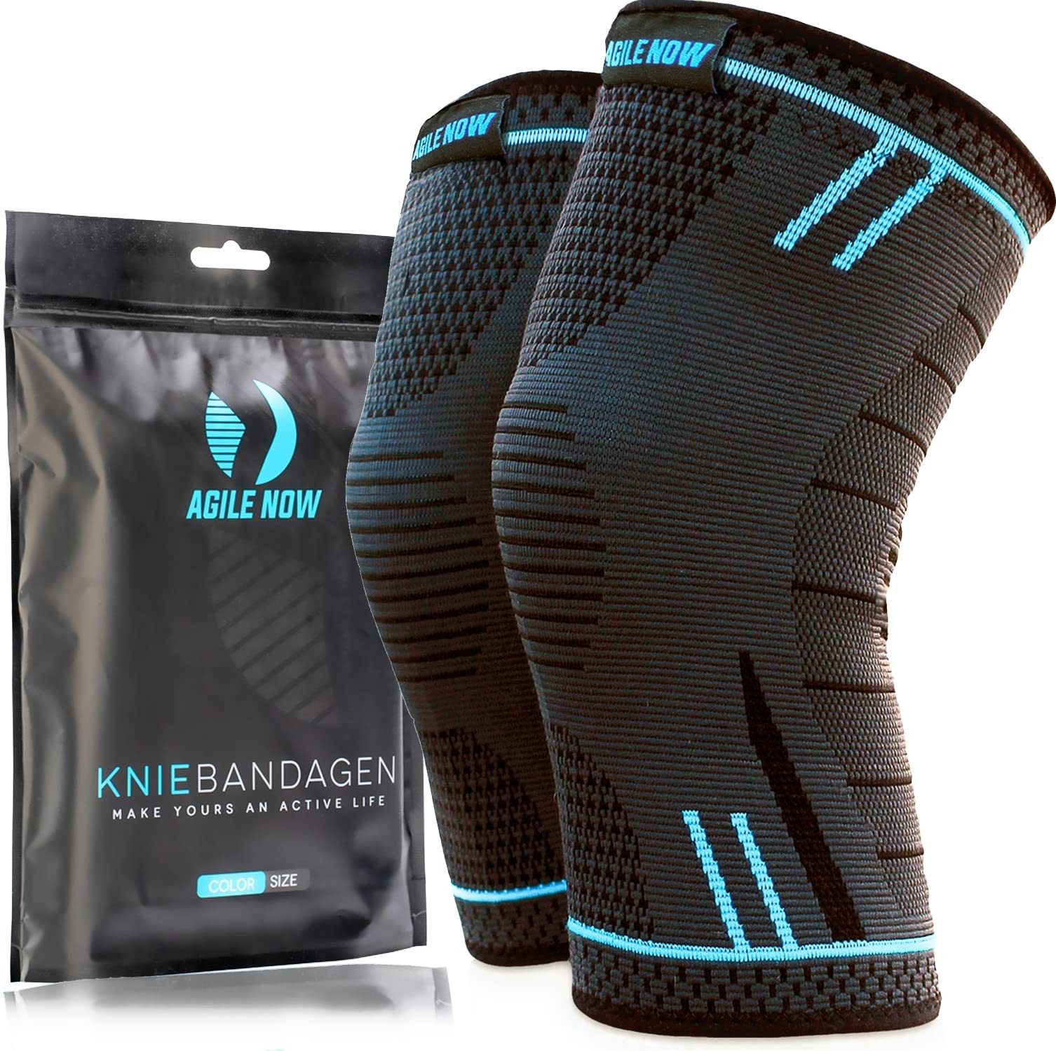 AGILE NOW Kniebandage Hochwertige Kniebandage Herren & Damen (Paar) (Elastische Kniestütze für Sport & Fitness, Knie Bandage Paar, Blau XXL), Atmungsaktiv & Rutschfest, Kniebandagen (Paar)