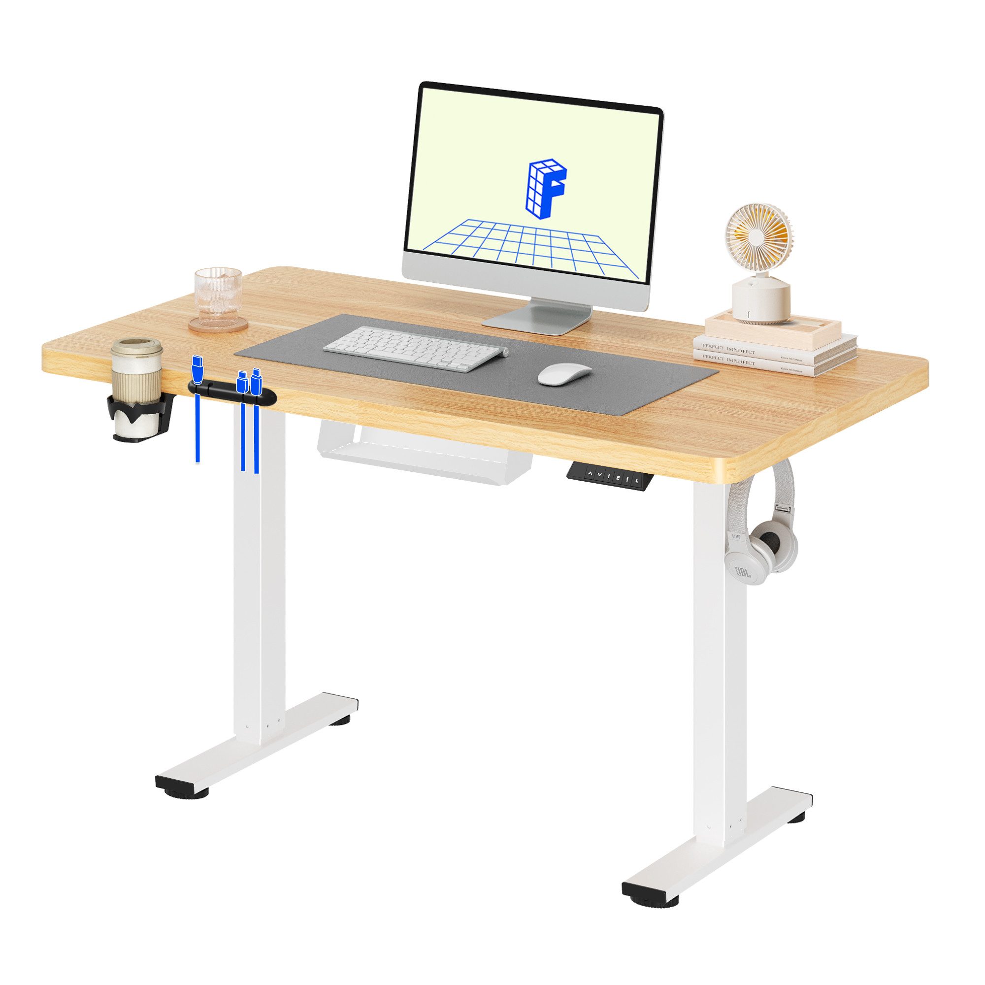 FLEXISPOT Schreibtisch Basic-Series Elektrisch höhenverstellbarer Schreibtisch (Anti-Kollisions-system, 2- Fach-Teleskop, mit Becherhalter & Kabelkanal & Haken & Aufbewahrungsbox, LED-Display), MAX. Load: 70kg, 100/110/120/140/160, MIT einteilige Tischplatte