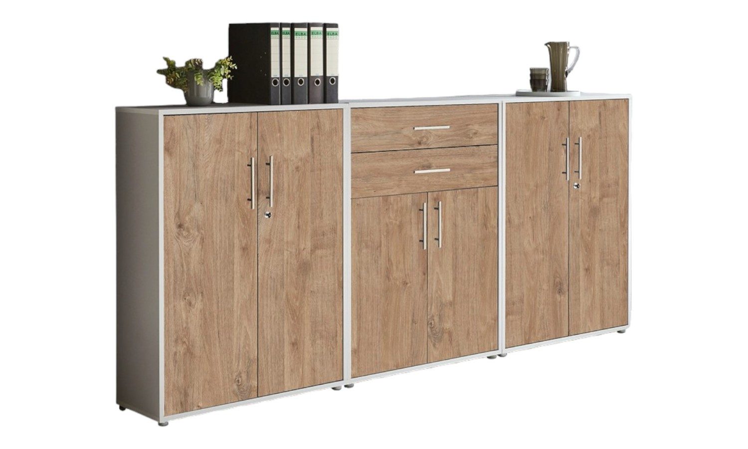 BMG Möbel Aktenschrank Office Edition - Tabor (Set 15, Büroschrank abschließbar mit Metallgriffen, 2x abschließbarer Aktenschrank, 1x Schubkastenschrank) BxHxT:253,2 x 113,6 x 33 cm, Made in Germany