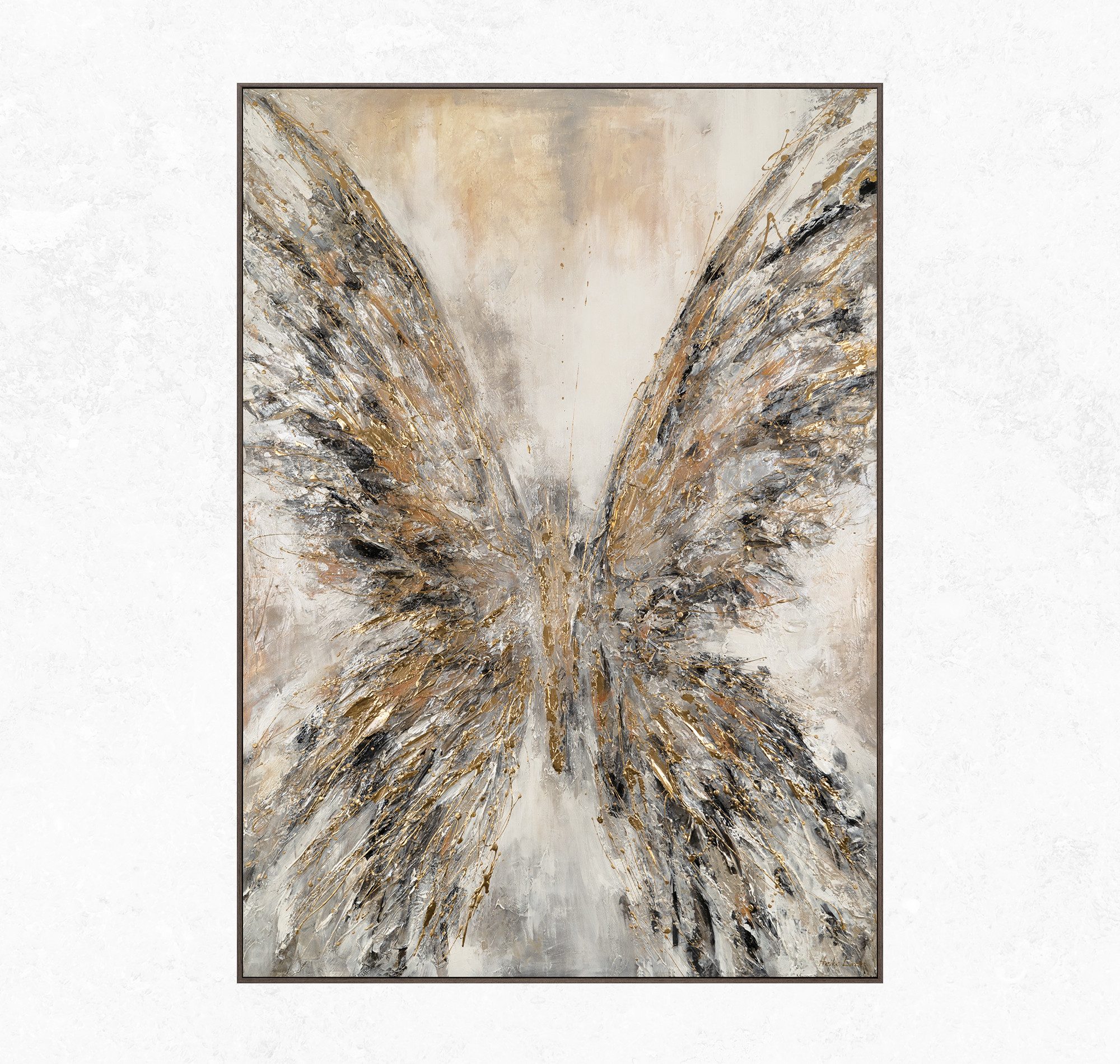 YS-Art Gemälde Goldene Flügel, Abstraktion, Schmetterling, Emgel in hellen Tönen gerahmt