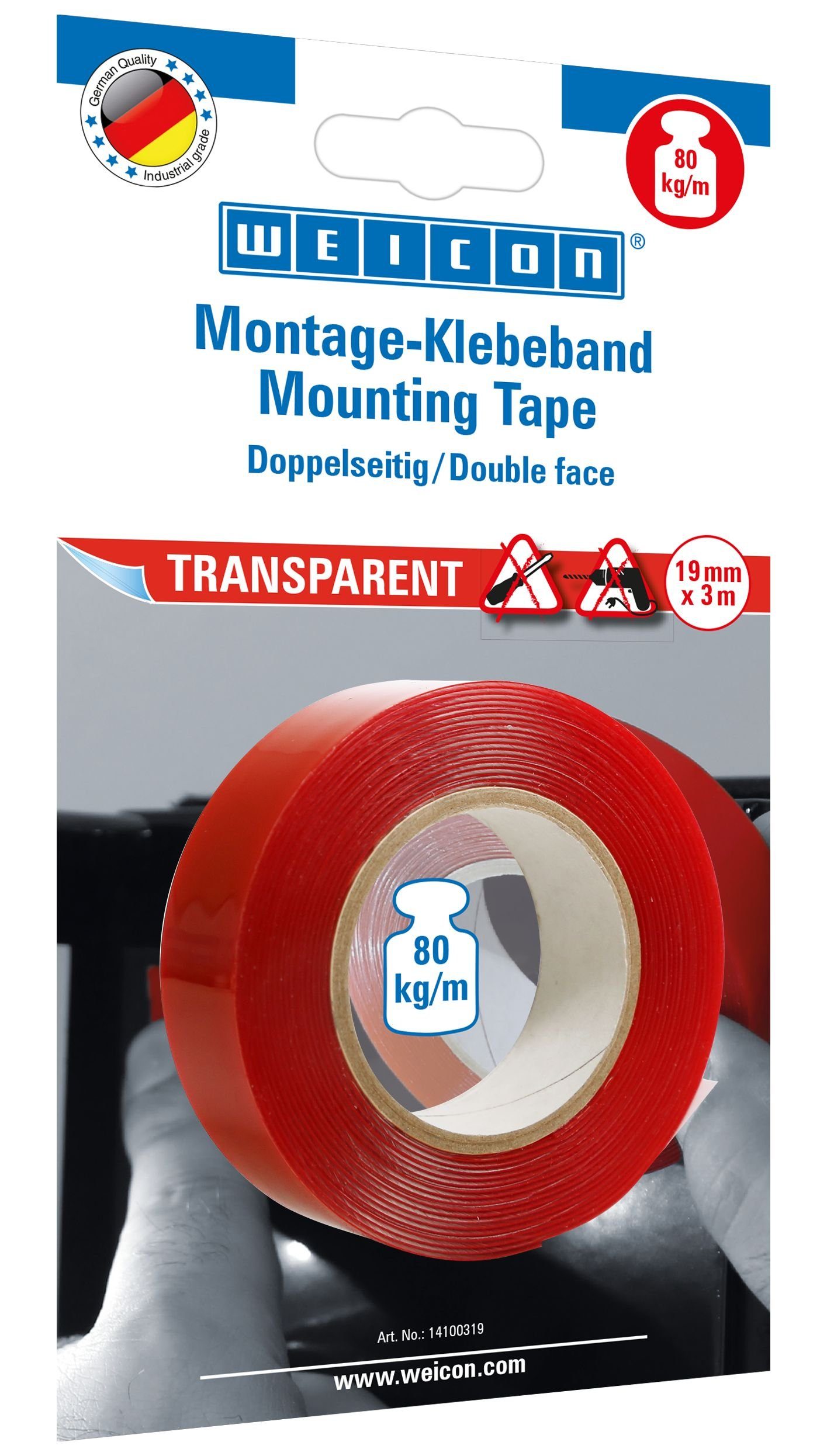 WEICON Klebeband Montage-Klebeband transparent, doppelseitiges Feuchtebeständig, UV-beständig, haftstark