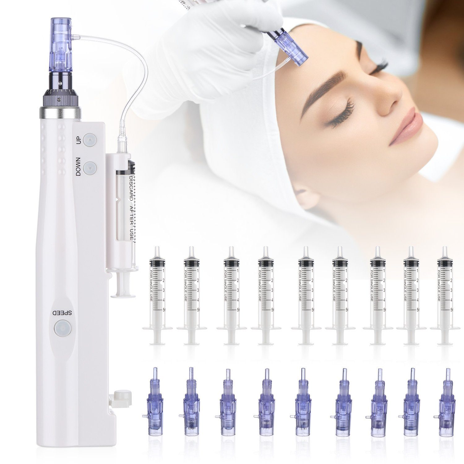 LETGOSPT Dermaroller Elektrischer Dermapen Kabelloser Dermaroller Microneedling Pen, inkl. 9 Nadelköpfe, Zubehör verstellbar von 0 bis 2,5mm zu Hause