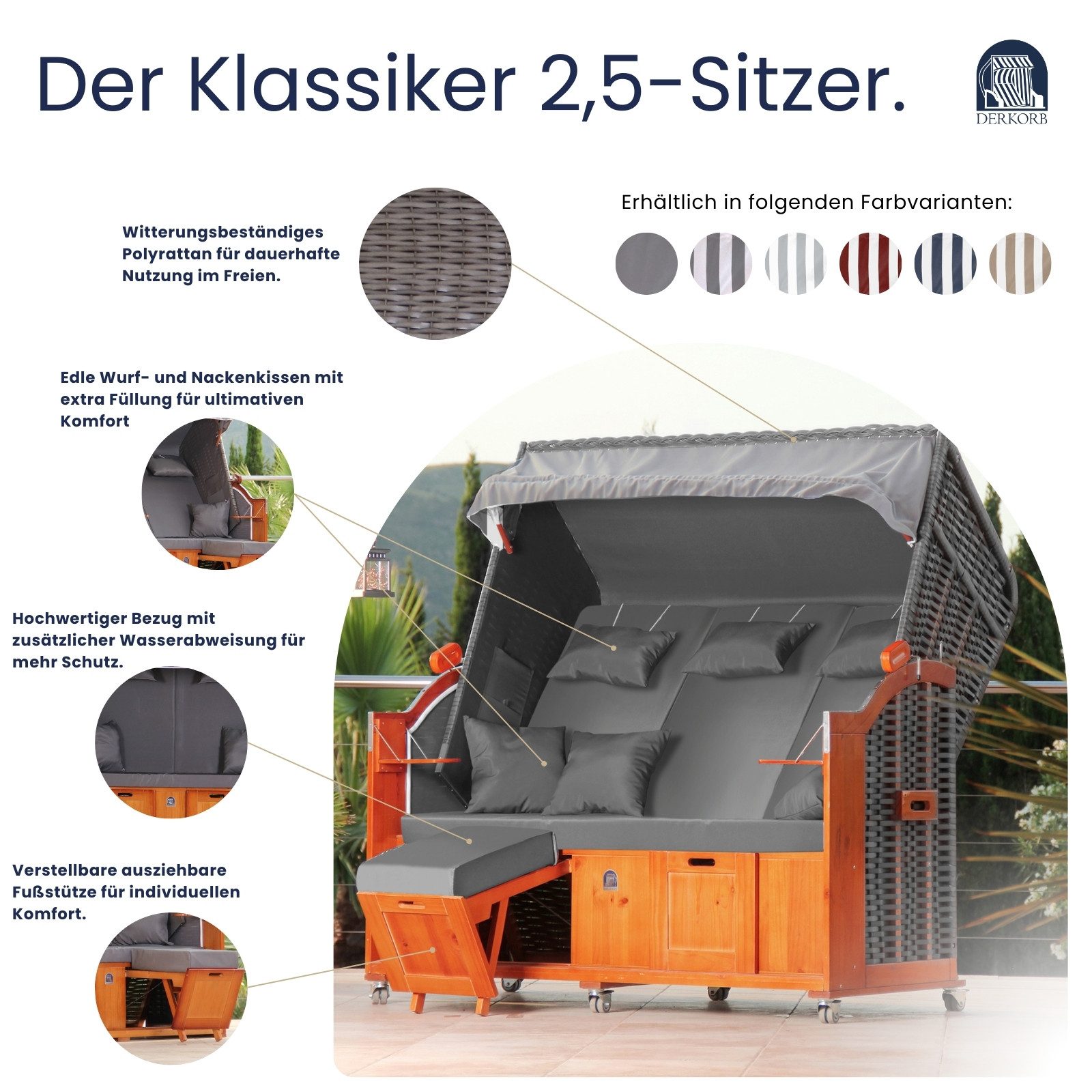 DERKORB Strandkorb Der Klassiker - 2,5-Sitzer, BxTxH: 160x78x166 cm, Volllieger, Ostsee-Modell DER KLASSIKER, XXL 2,5-Sitzer, Wurf und Nackenkissen, montierte Strandkorbrollen