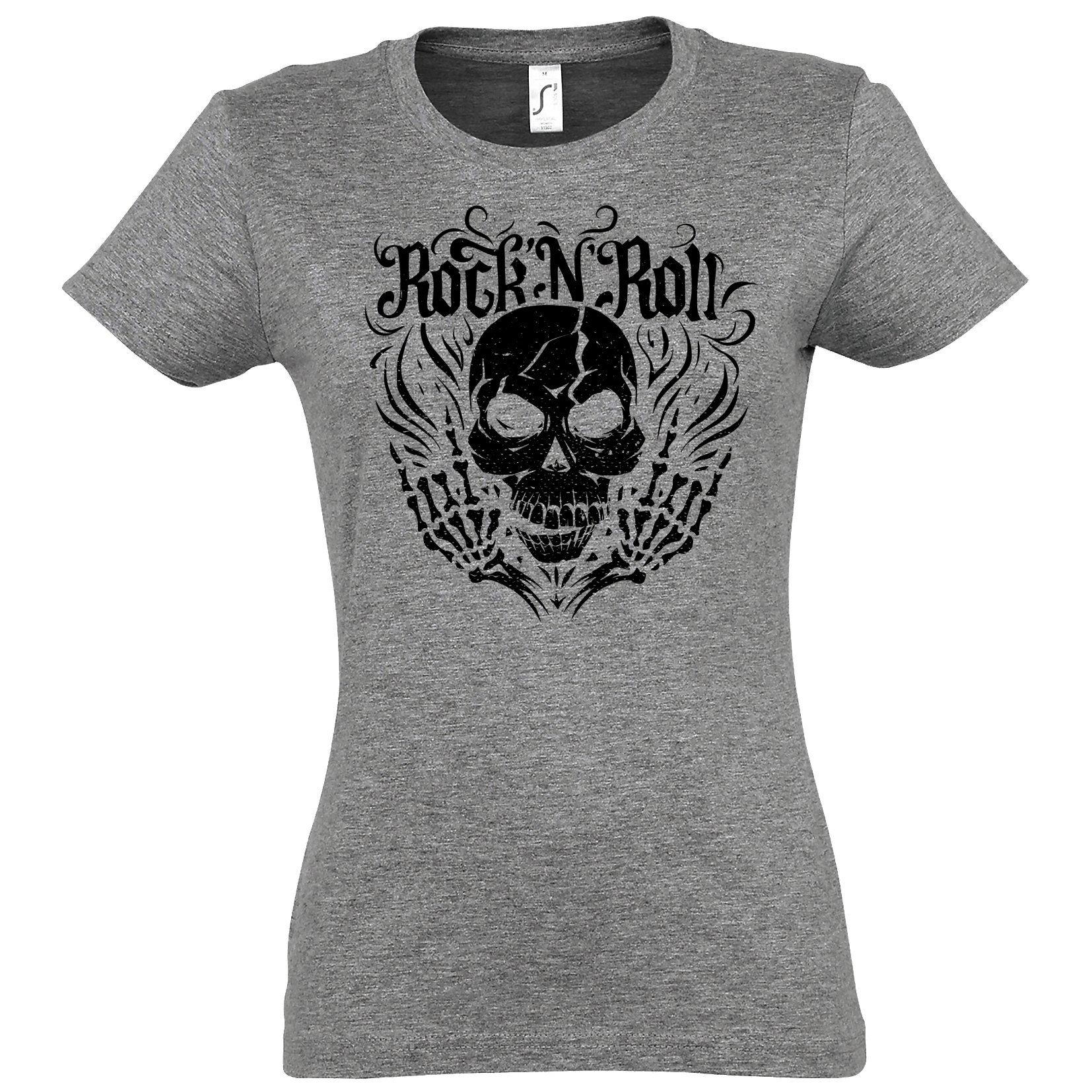 Shirt Grau Print Youth im and Rock Mit modischem Damen T-Shirt Designz Roll Fun-Look Skull