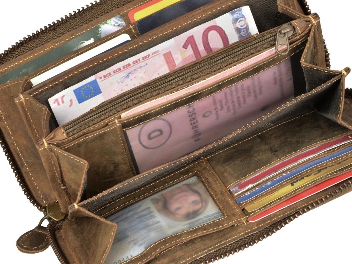 Greenburry Geldbörse Vintage, Damenbörse lang groß, Portemonnaie 14 Kartenfächern, Münzfach außen