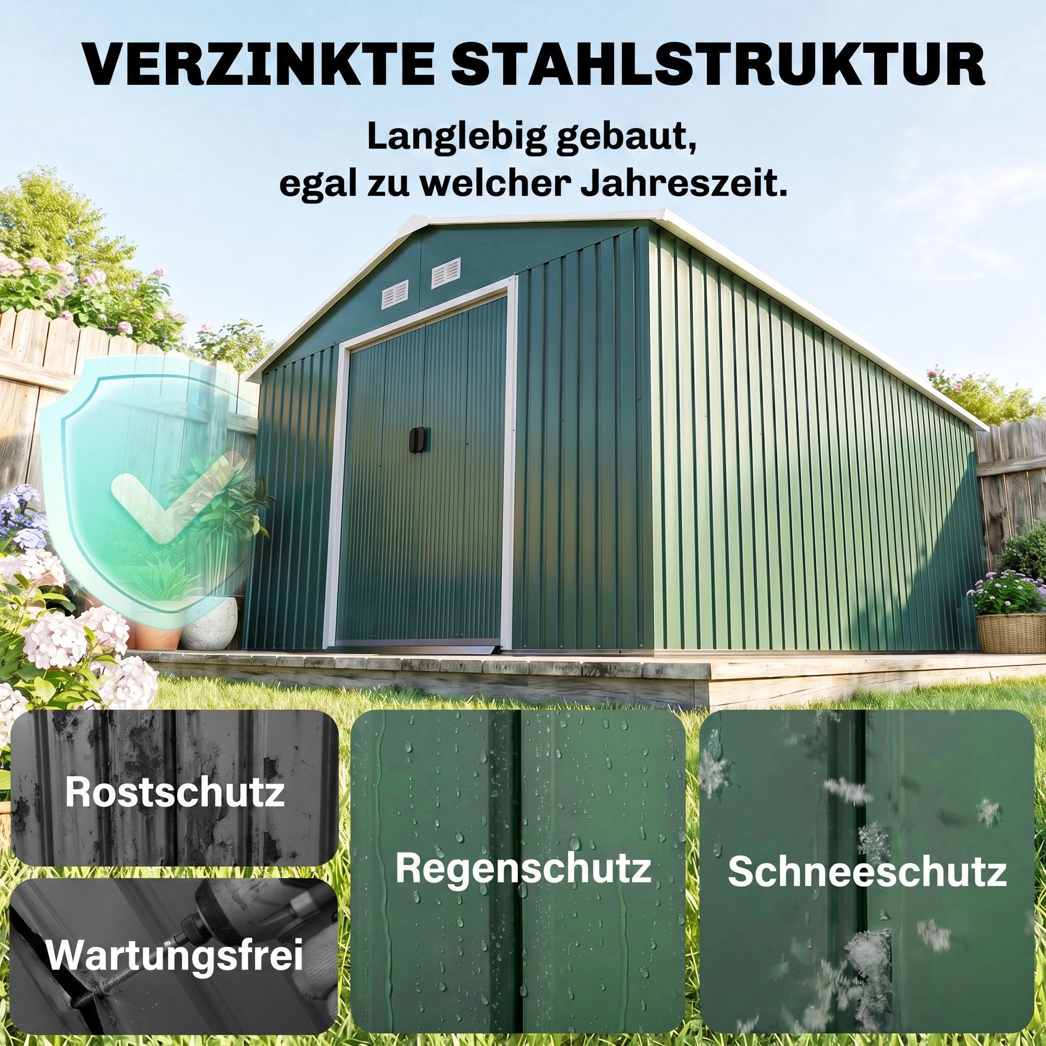 Outsunny Gerätehaus Gartenhaus mit Schiebetür, Fundament, Geräteschuppen, BxT: 340x386 cm, (Gartenhaus, 1 St., Geräteschuppen aus Verzinkter Stahl), wetterfest, – Bild 4 von 5