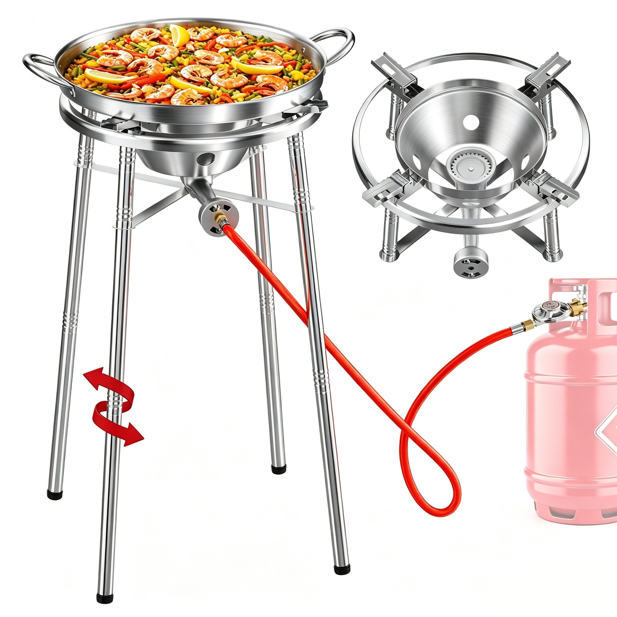 HOMELUX Gaskocher Paellaset Gasbrenner, 3,8 kW Propan Kochsystem Komplett Set für Paella, (Set, 2-St., mit Schlauch 150 cm und 30 mbar Gas Regler Druckminderer), mit 41cm Paellapfanne, Windschutzscheibe, für Wok, Grillplatte