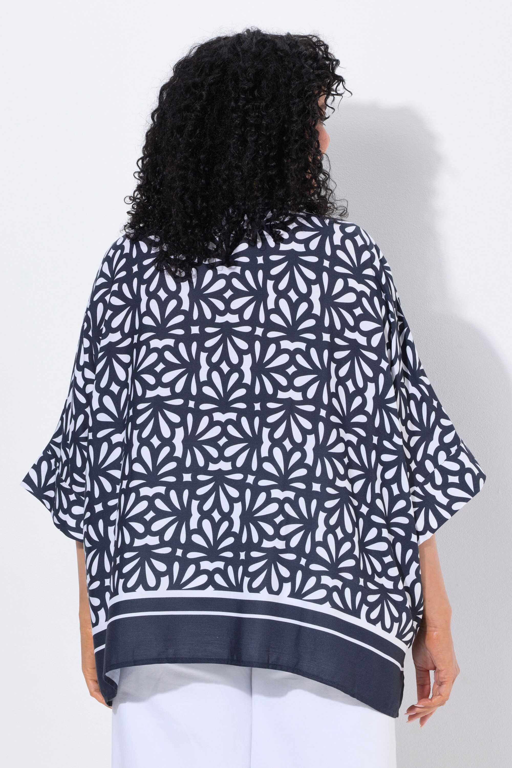 Ulla Popken Hemdbluse Bluse bedruckt Oversized Rundhals Halbarm