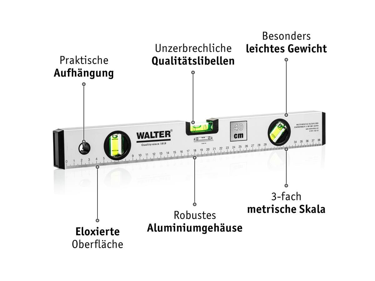 WALTER Wasserwaage 40, 60, 100 cm+ Mini, Mit 3 Libellen für präzise Messungen, angenehme Handhabung