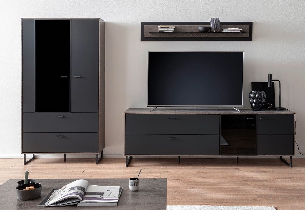 MCA furniture Wohnwand Wohnkombination Venezia 2, Softblack / Vulcano Eiche, 3-teilig, (3-St), Wohnwand, Anbauwand, modern