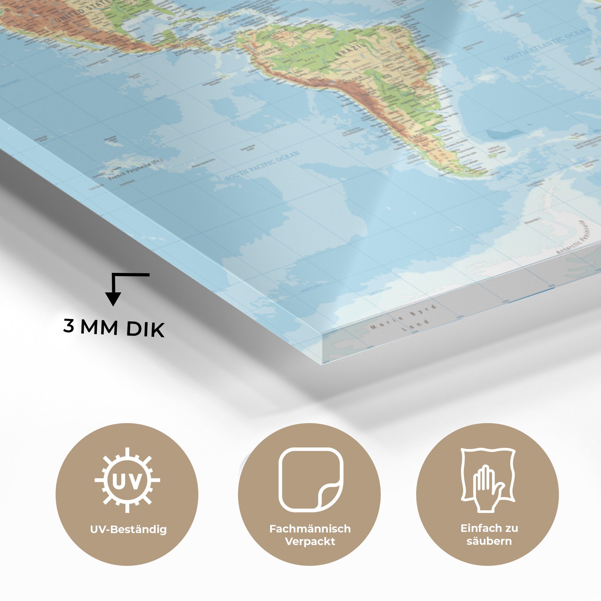 Wanddekoration Atlas Wandbild - St), Topographie, Bilder auf (1 - - Acrylglasbild Weltkarte Glas MuchoWow Glas Foto Glasbilder - auf -