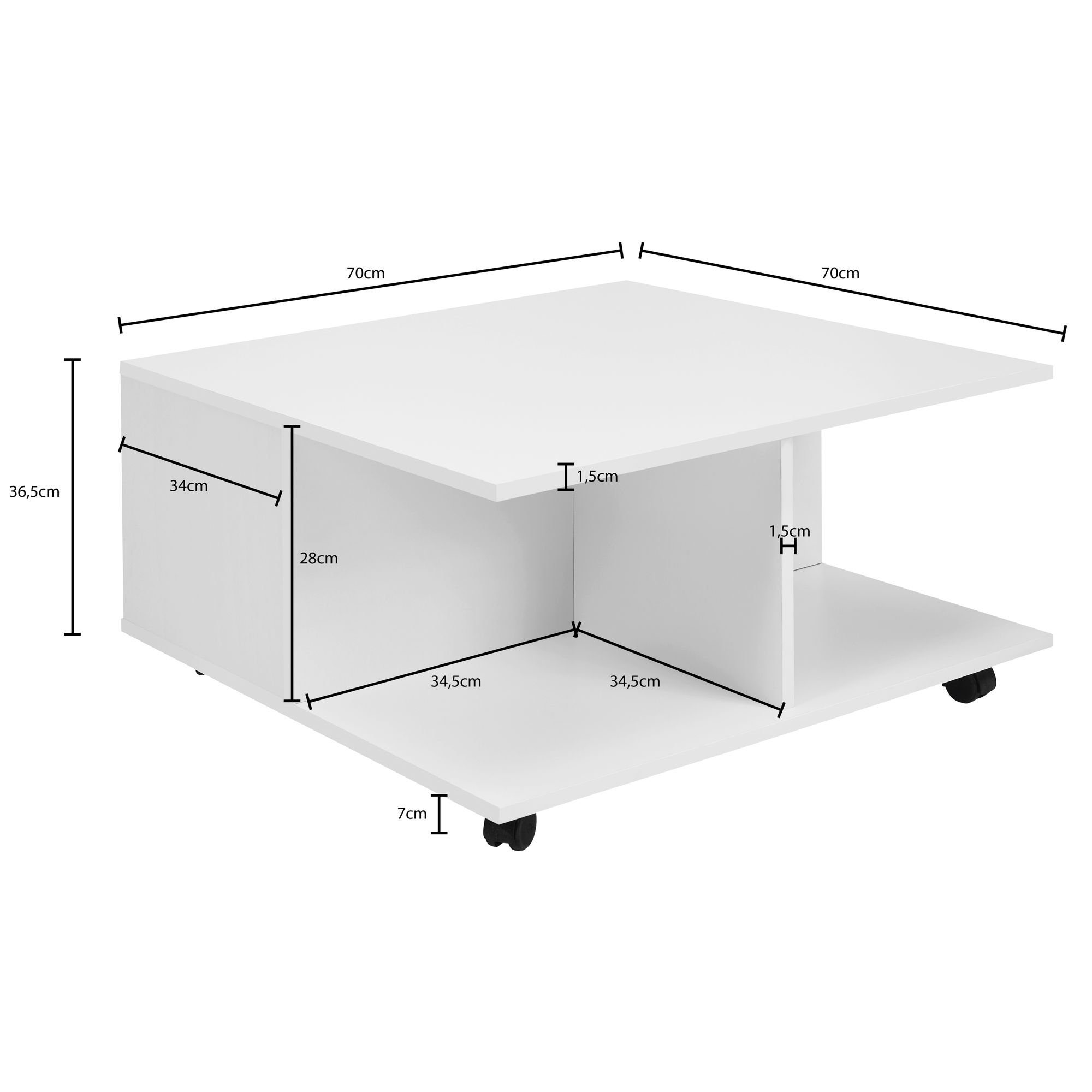 Fächern, Couchtisch mit (70x70 2 cm mit Tisch Schubladen, mit Rollen Wohnzimmertisch Eckig), WL6.066 Wohnling Weiß Sofatisch