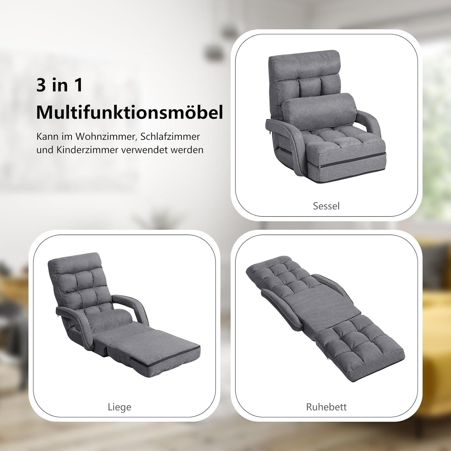 KOMFOTTEU Schlafsofa Klappsessel Bodenstuhl, mit Armlehnen und Kissen,aus Baumwolle