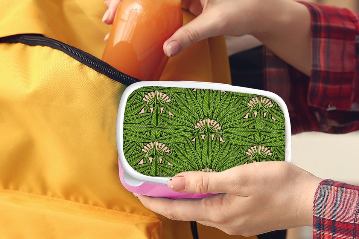Tropisch, MuchoWow Dschungel - Kunststoff (2-tlg), - Brotbox Kunststoff, Snackbox, Erwachsene, Brotdose Palmenblatt Lunchbox - Muster für Kinder, Mädchen, rosa