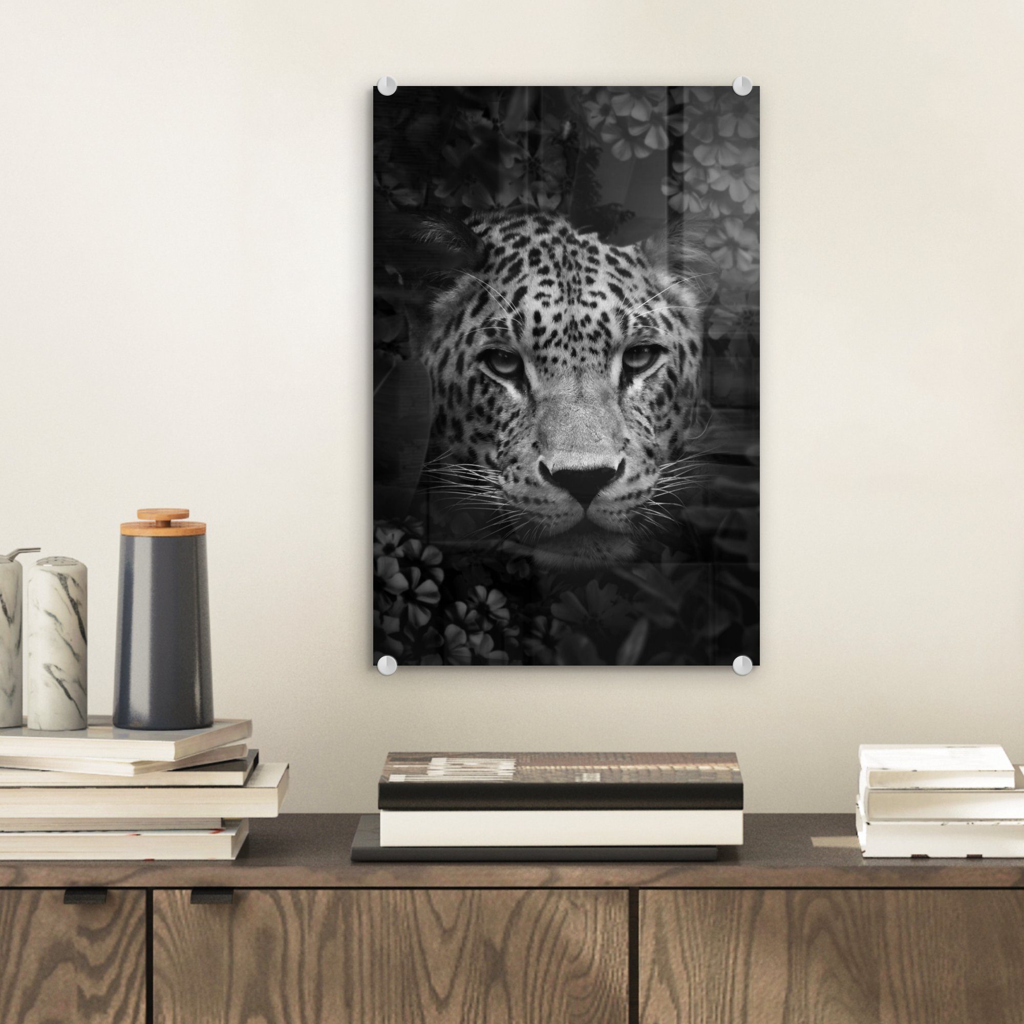 Glas bunt Acrylglasbild Dschungel Glasbilder (1 Bilder und Wanddekoration Glas Panthers mit Wandbild St), - weiß, - eines MuchoWow im Foto auf - Blumen Nahaufnahme auf - schwarz