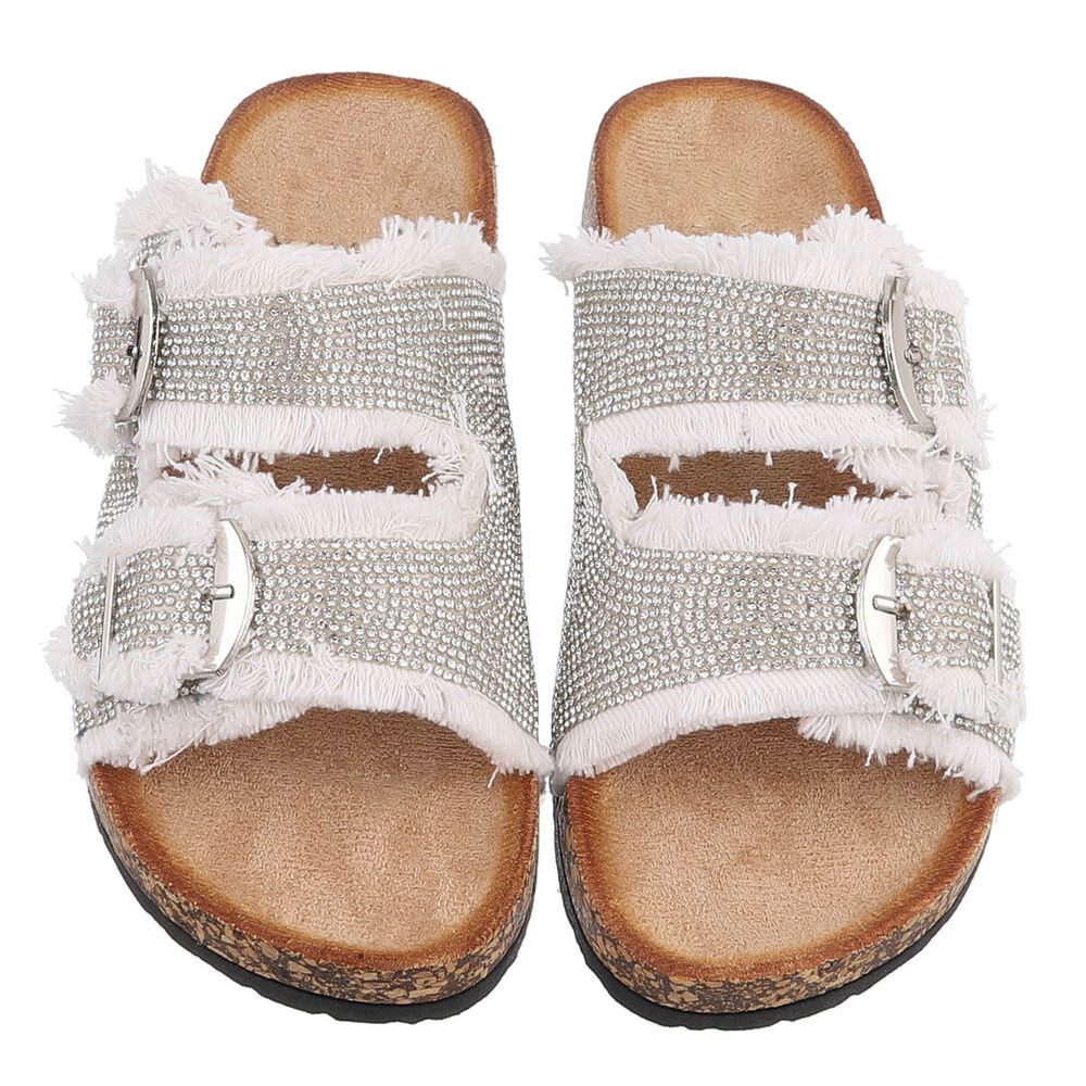 Ital-Design Glamouröse Damen Sandalen mit Strass und Korkfußbett Pantolette (91512385) Flach Pantoletten in Weiß – Bild 4 von 5